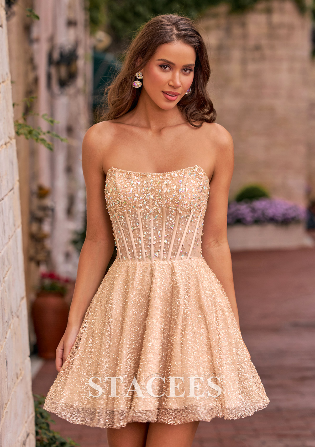 Champán Vestido línea a cuello cuadrado lentejuelas corto vestido para homecoming - STACEES