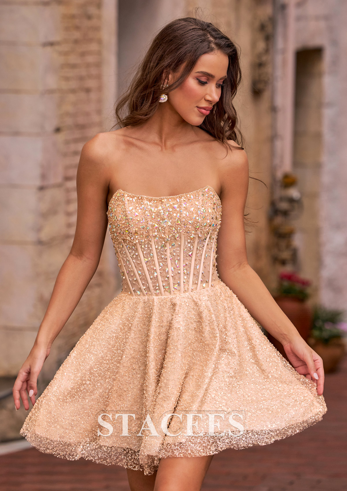 Champán Vestido línea a cuello cuadrado lentejuelas corto vestido para homecoming - STACEES