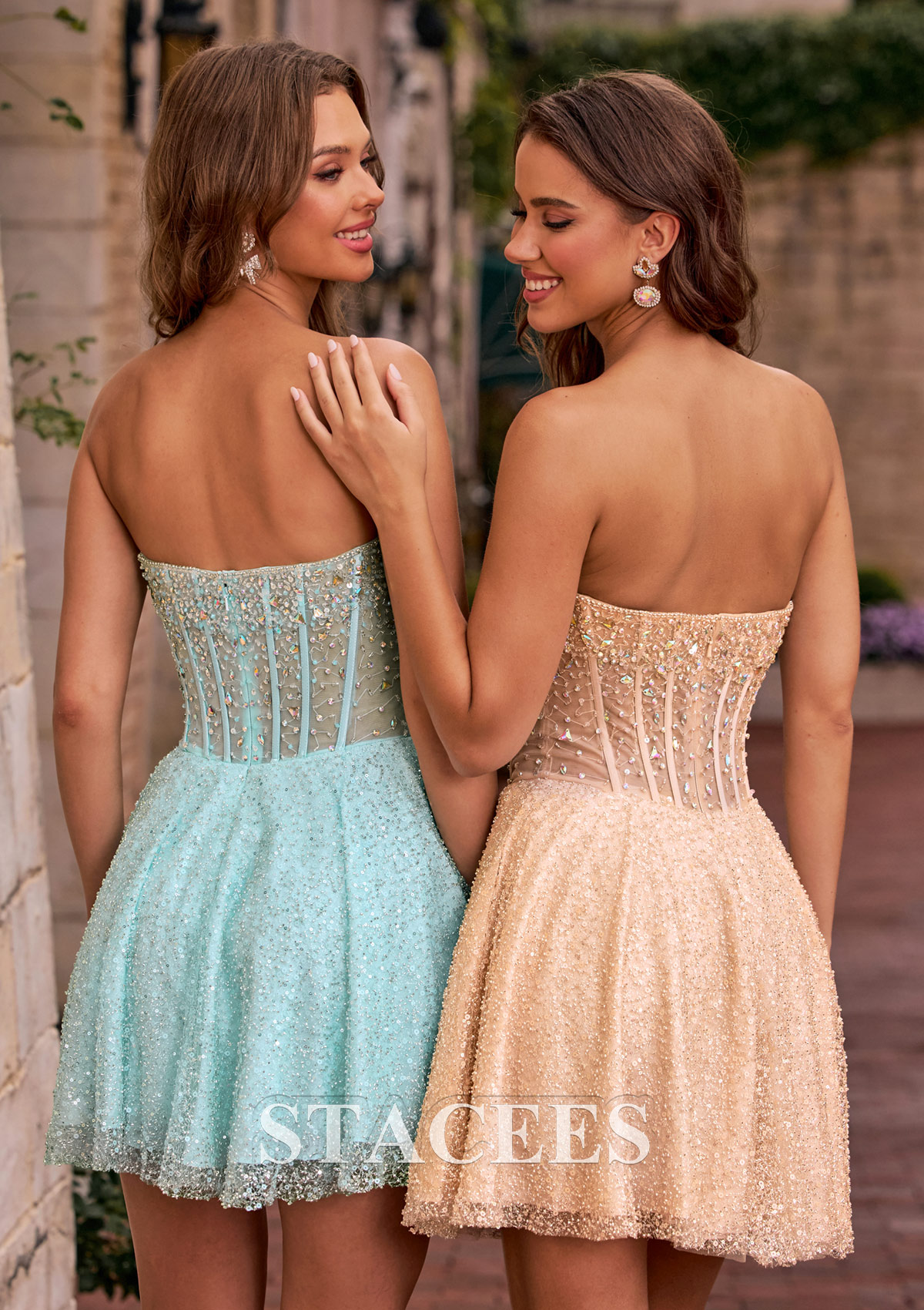 Champán Vestido línea a cuello cuadrado lentejuelas corto vestido para homecoming - STACEES
