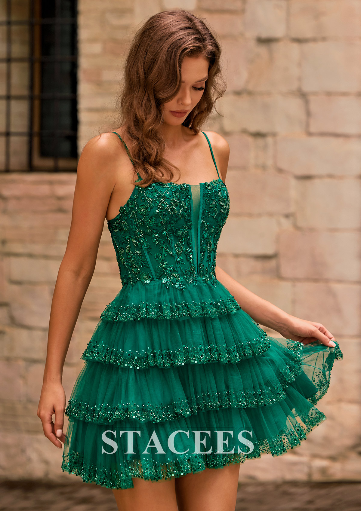 Dark Green A-line Square Neckline Embellished Tiered Ruffle Homecoming Dress - STACEES