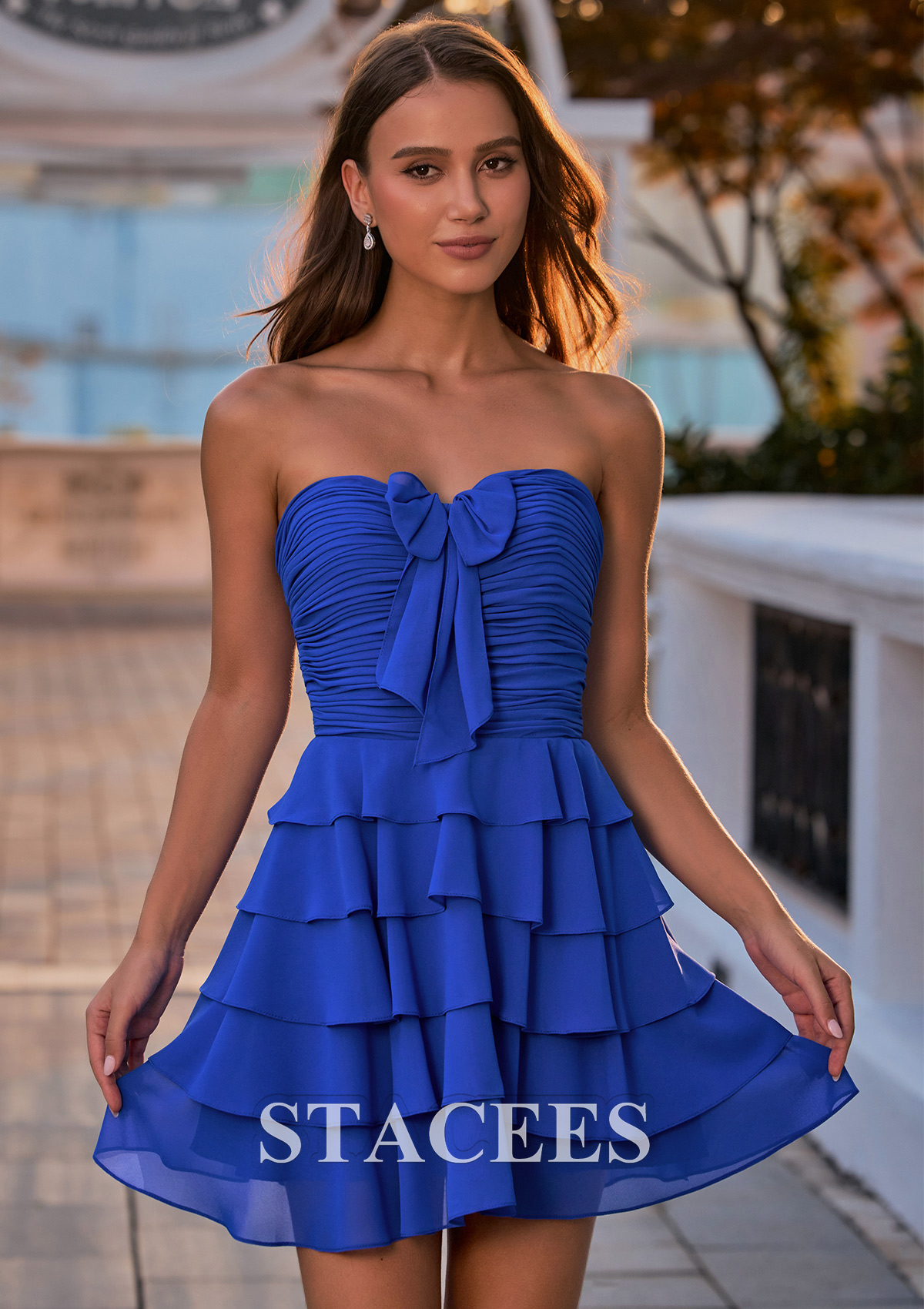 Bleu Océan Robe trapèze cache coeur mousseline courte/mini robe de fête de la rentré avec noeud papillon - STACEES