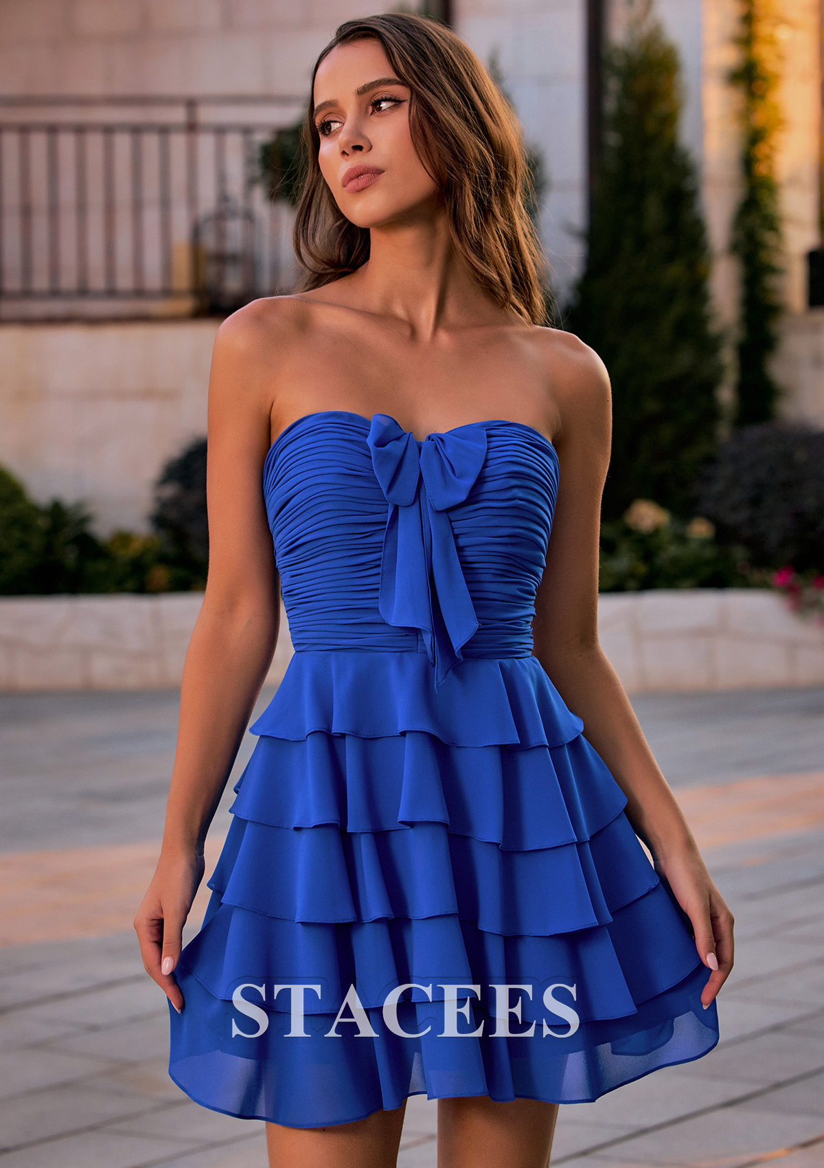 Bleu Océan Robe trapèze cache coeur mousseline courte/mini robe de fête de la rentré avec noeud papillon - STACEES