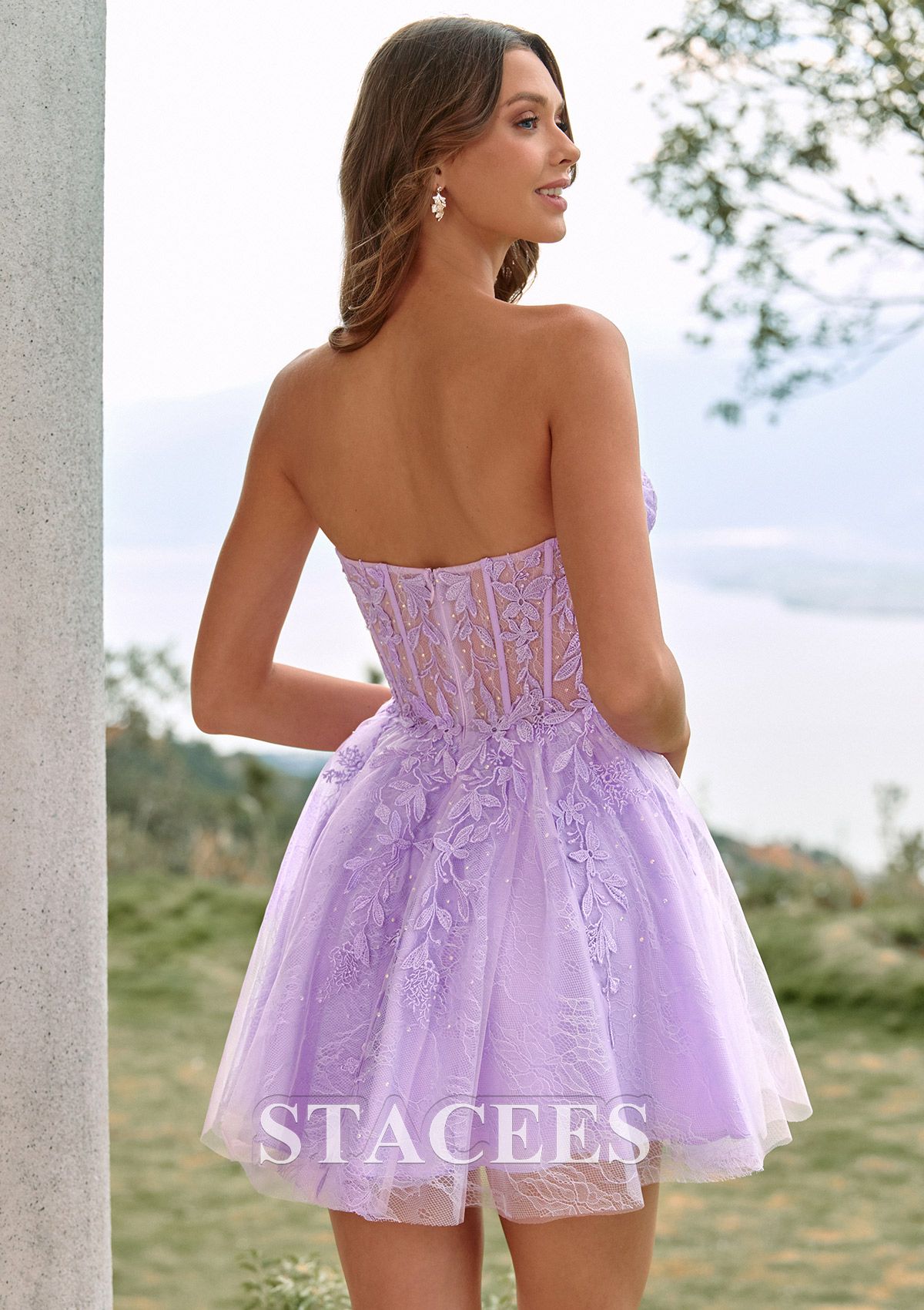 Lilas Trapèze col cœur tulle courte/mini robe de fête de la rentré avec perles dentelle plissé - STACEES