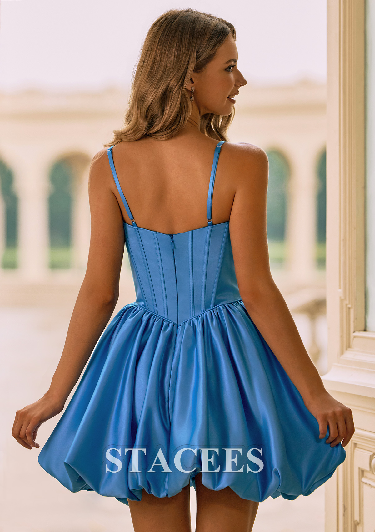 Blue Jay A-line Sweetheart Ruched Crystal Corset Satin Bubble Homecoming Dress  - STACEES