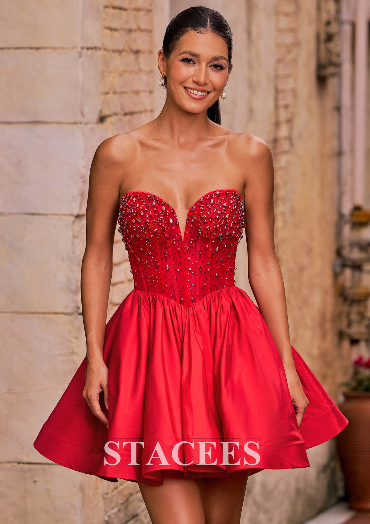Rouge Robe trapèze cache coeur taffetas courte/mini robe de fête de la rentrée avec perles plissé - STACEES