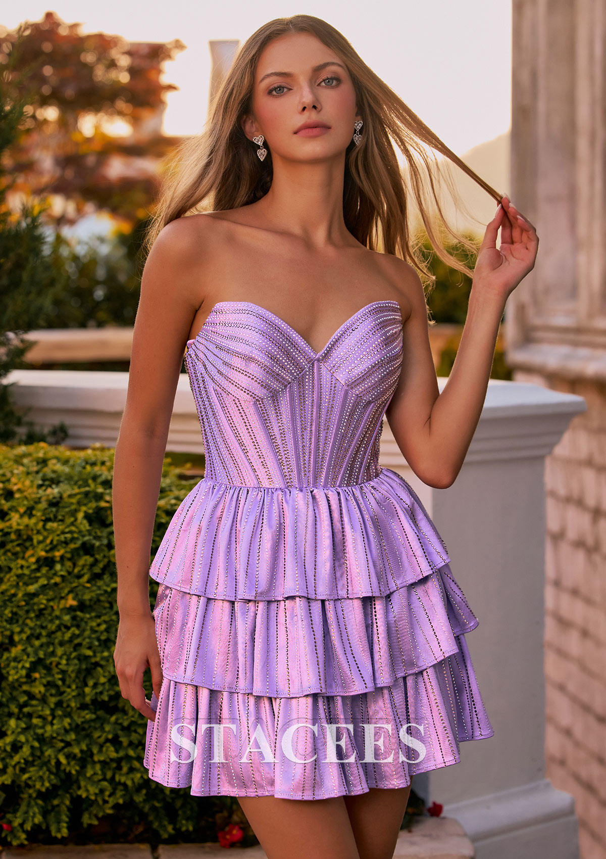 Lilac Sparkle Strapless Corset Tiered Ruffle Beaded Homecoming Dress - STACEES