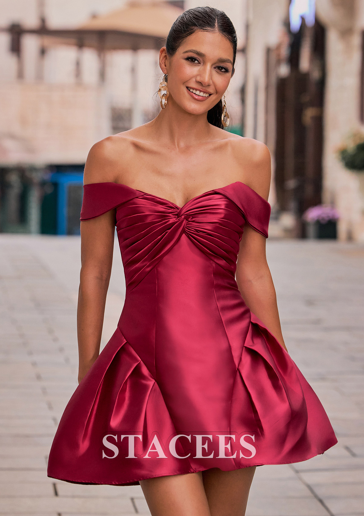 Bordeaux Robe trapèze épaule dénudée mikado courte/mini robe de fête de la rentrée avec plissé - STACEES