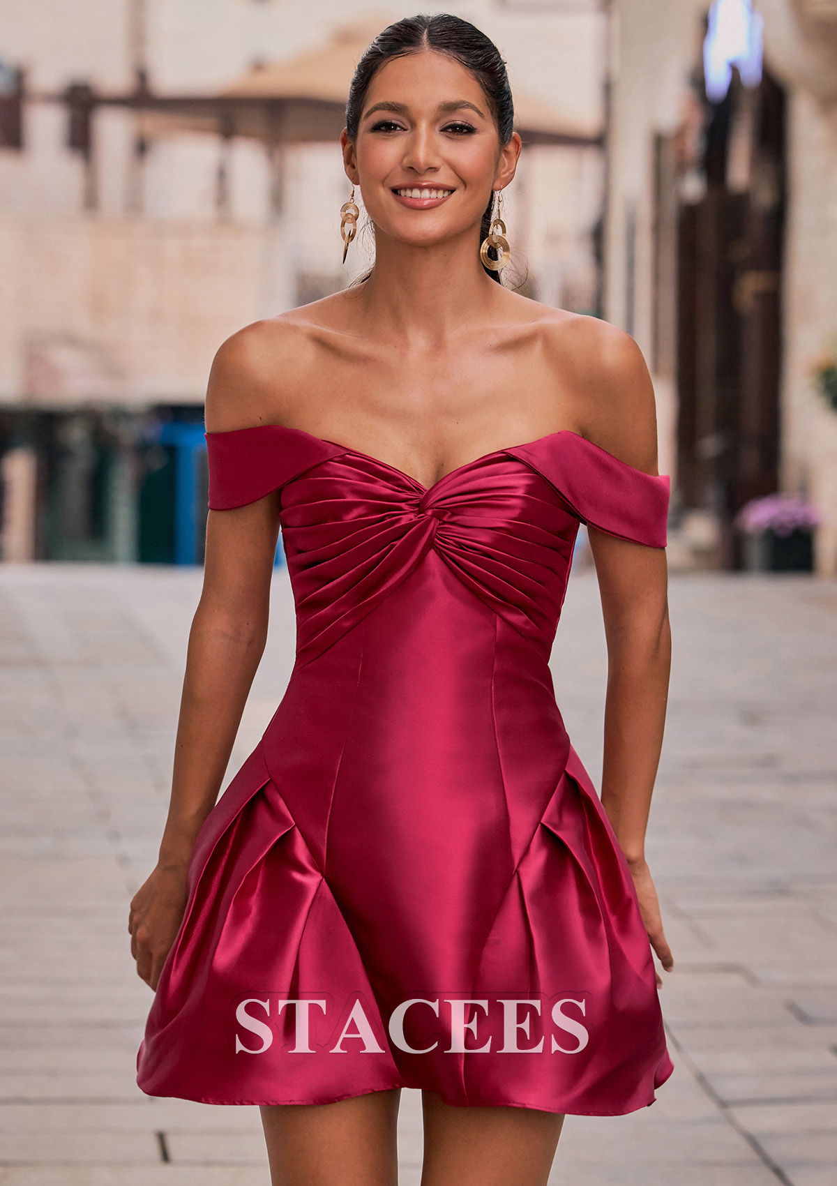 Bordeaux Robe trapèze épaule dénudée mikado courte/mini robe de fête de la rentrée avec plissé - STACEES