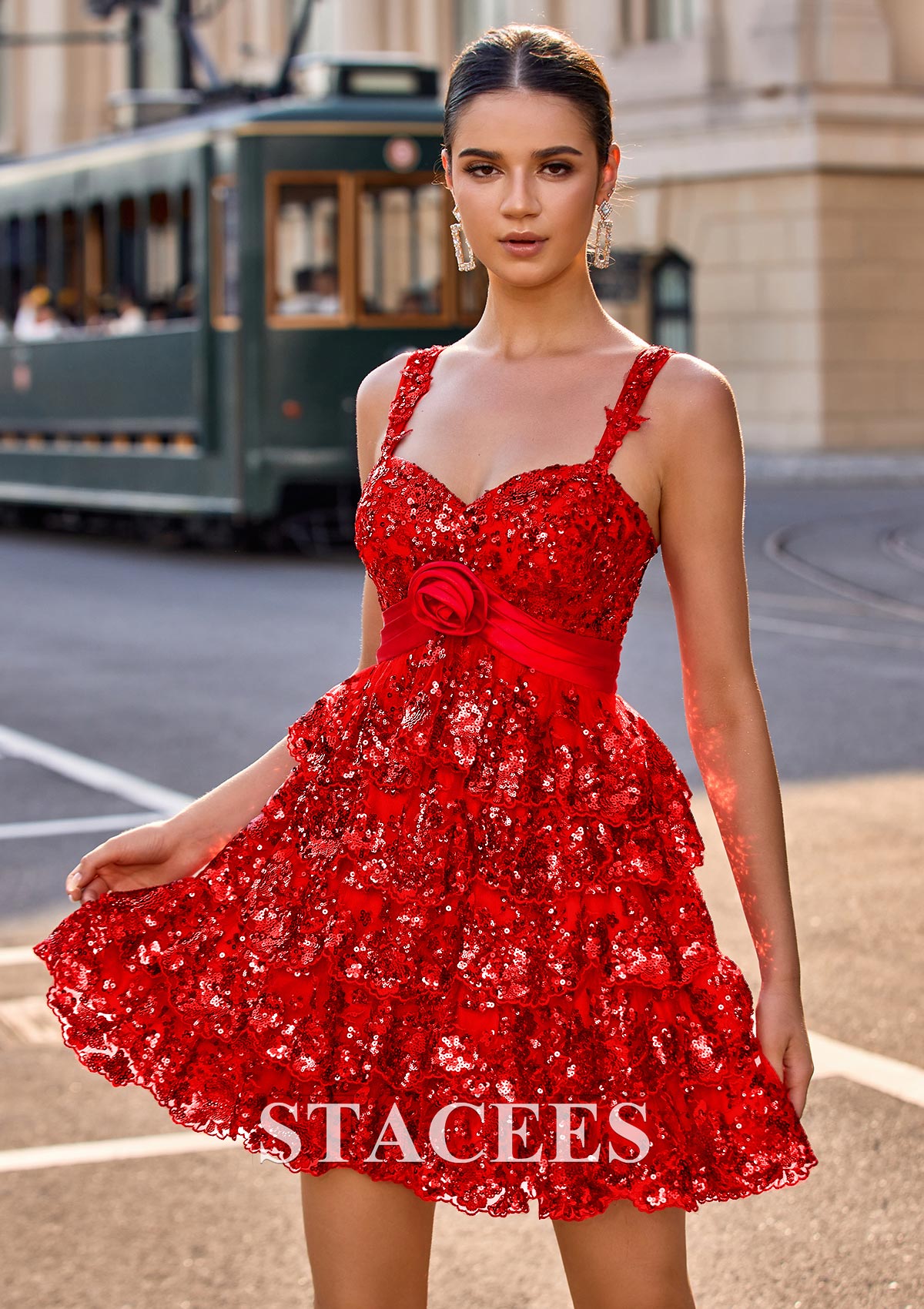 Rouge Robe trapèze cache coeur tulle courte/mini robe de fête de la rentrée - STACEES