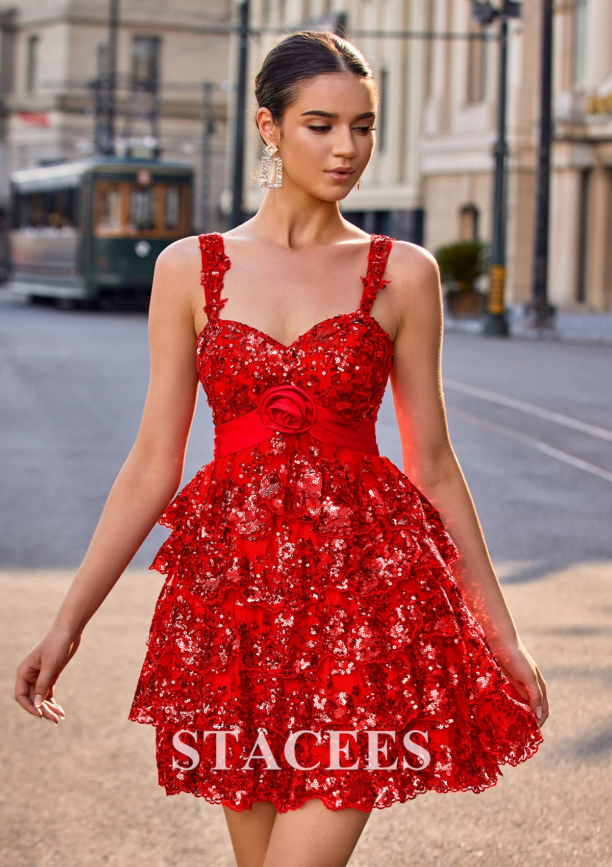 Rouge Robe trapèze cache coeur tulle courte/mini robe de fête de la rentrée - STACEES