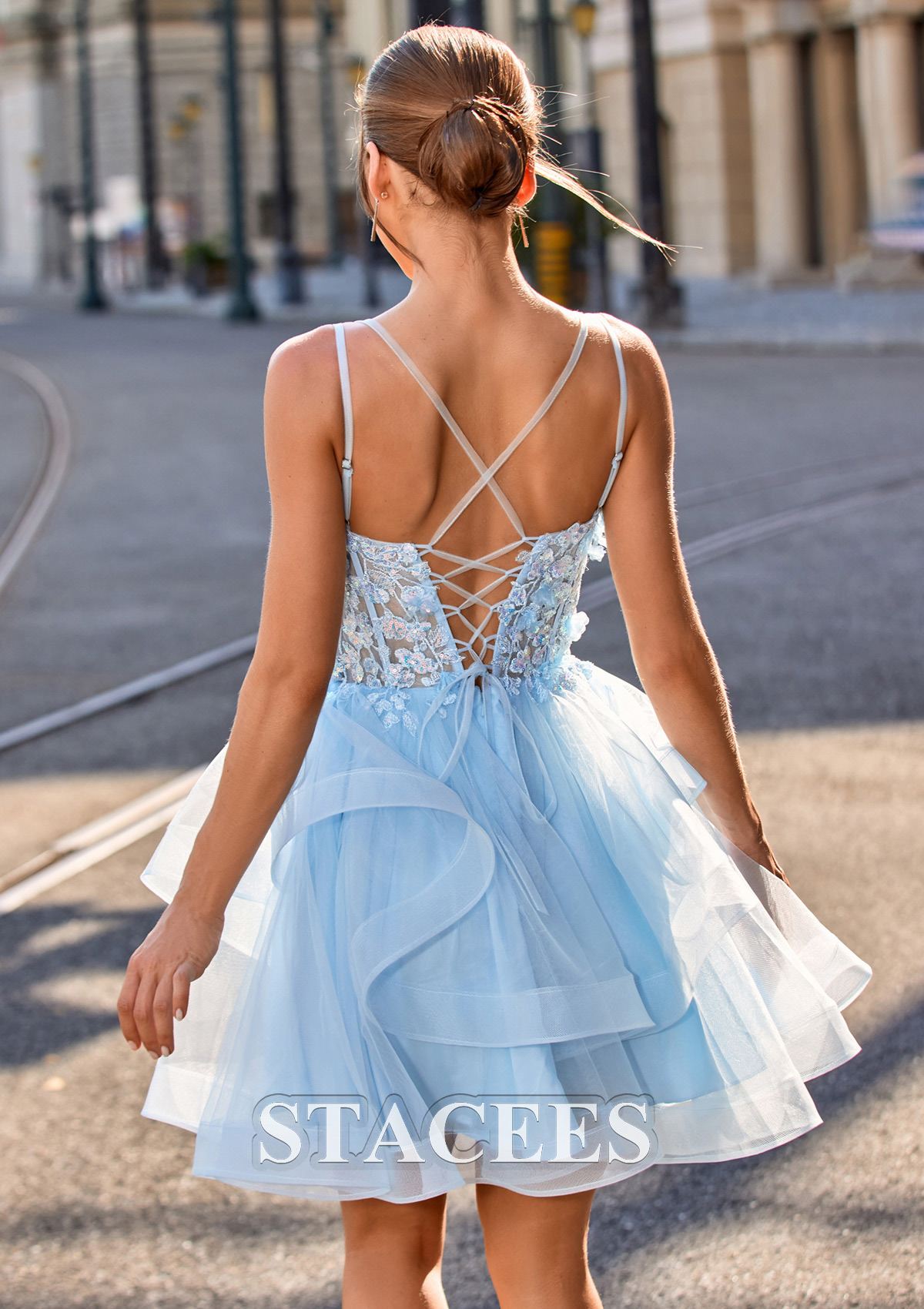 Bleu Ciel Robe trapèze col en v tulle courte/mini robe de fête de la rentrée - STACEES