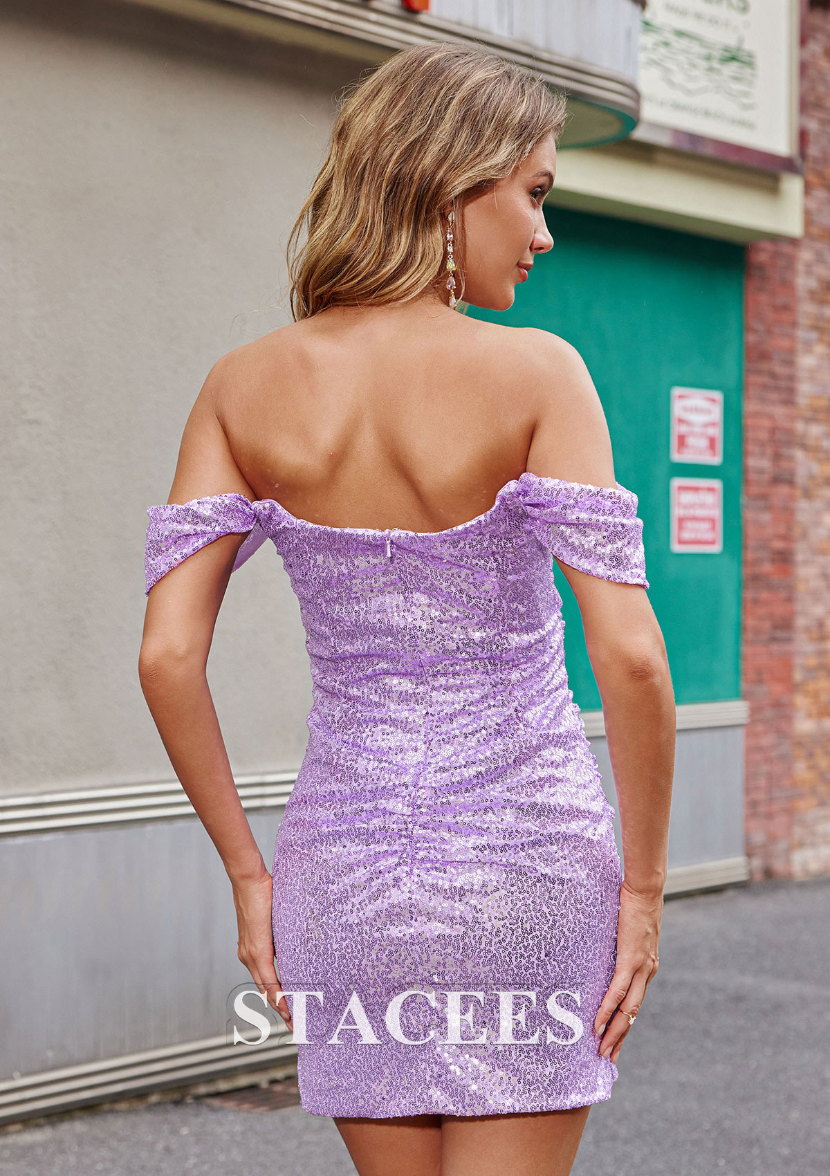 Lilac Sheath/Column Off-the-Shoulder Short Sleeve Short/Mini Velvet Sequins Homecoming Dress with Pleated - STACEES