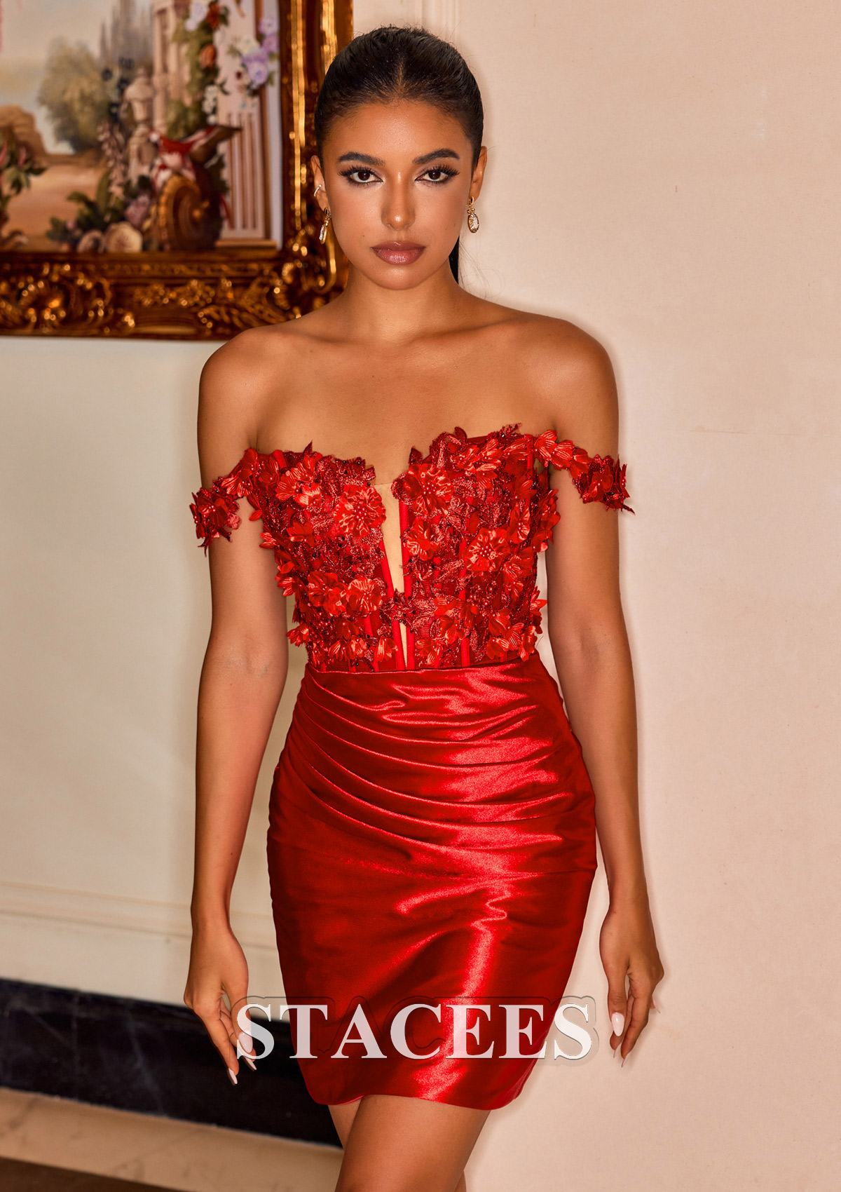 Rouge Fourreau épaule dénudée soie comme du satin courte/mini robe de fête de la rentrée - STACEES
