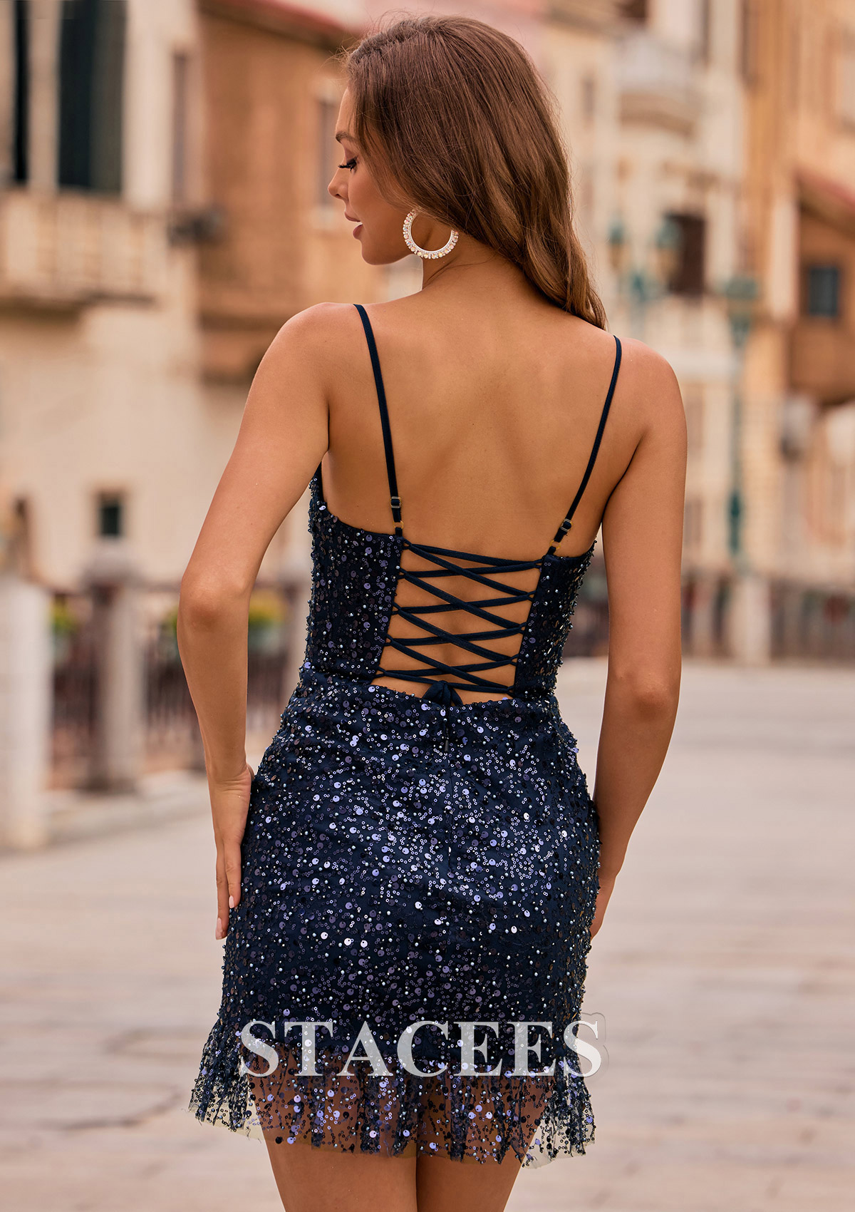 Dark Navy Fitted Cowl Square Neckline Sequin Homecoming Dress with Ruffle Trim and Lace-Up Back - STACEES