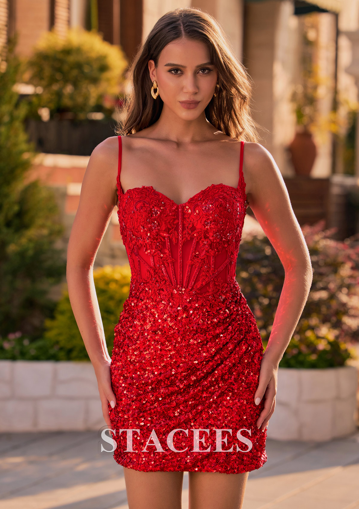 Rouge Fourreau cache coeur paillettes courte/mini robe de fête de la rentré avec perles broderie - STACEES
