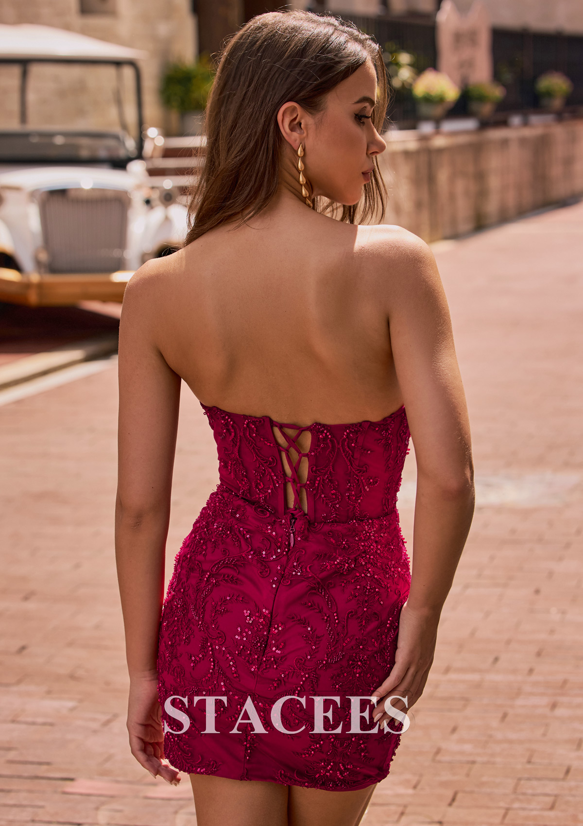 Burgundy Bodycon Strapless Beaded-Embroidered Homecoming Dress with Sequins - STACEES