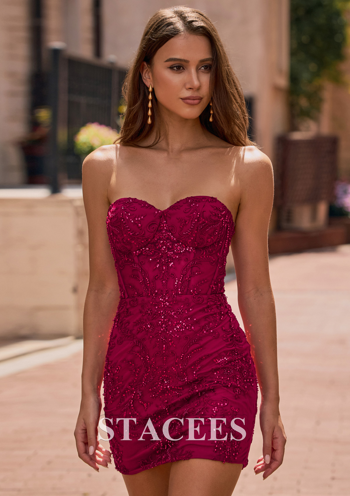 Burgundy Bodycon Strapless Beaded-Embroidered Homecoming Dress with Sequins - STACEES