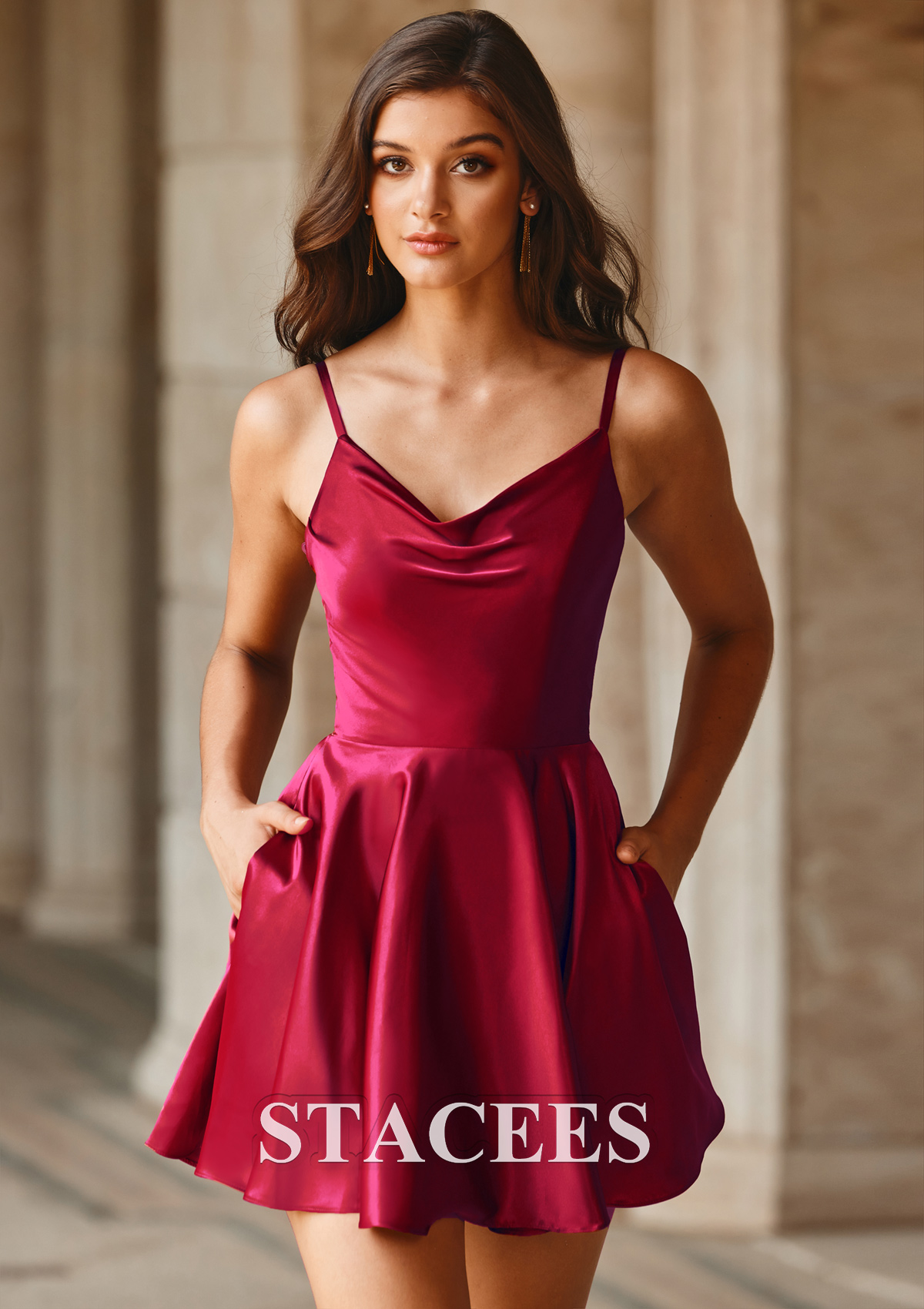 Burgundy Vestido línea a escote drapeado tela charmeuse corto/mini vestido para homecoming - STACEES