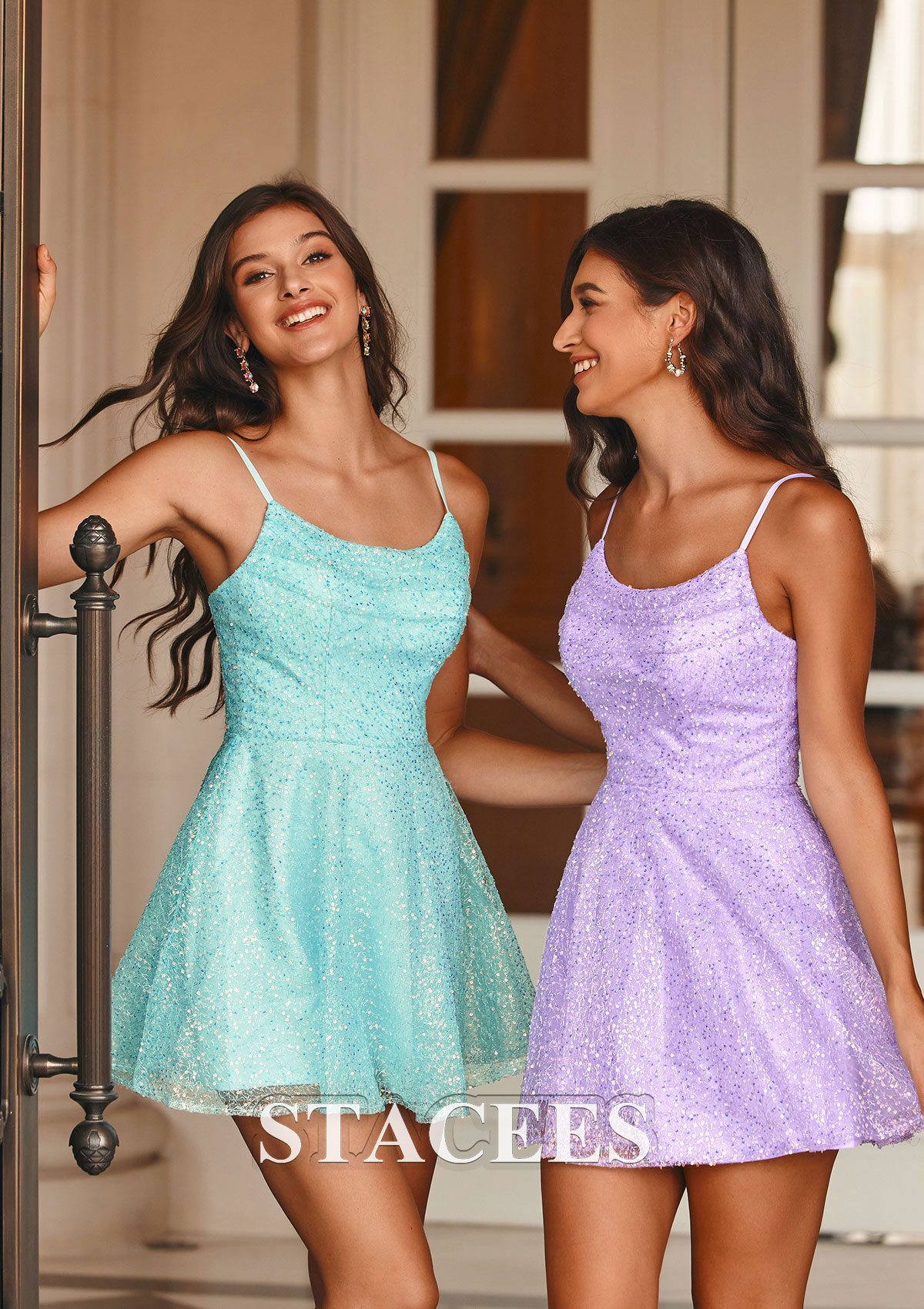 Turquoise Robe trapèze scoop paillettes courte/mini robe de fête de la rentrée  - STACEES