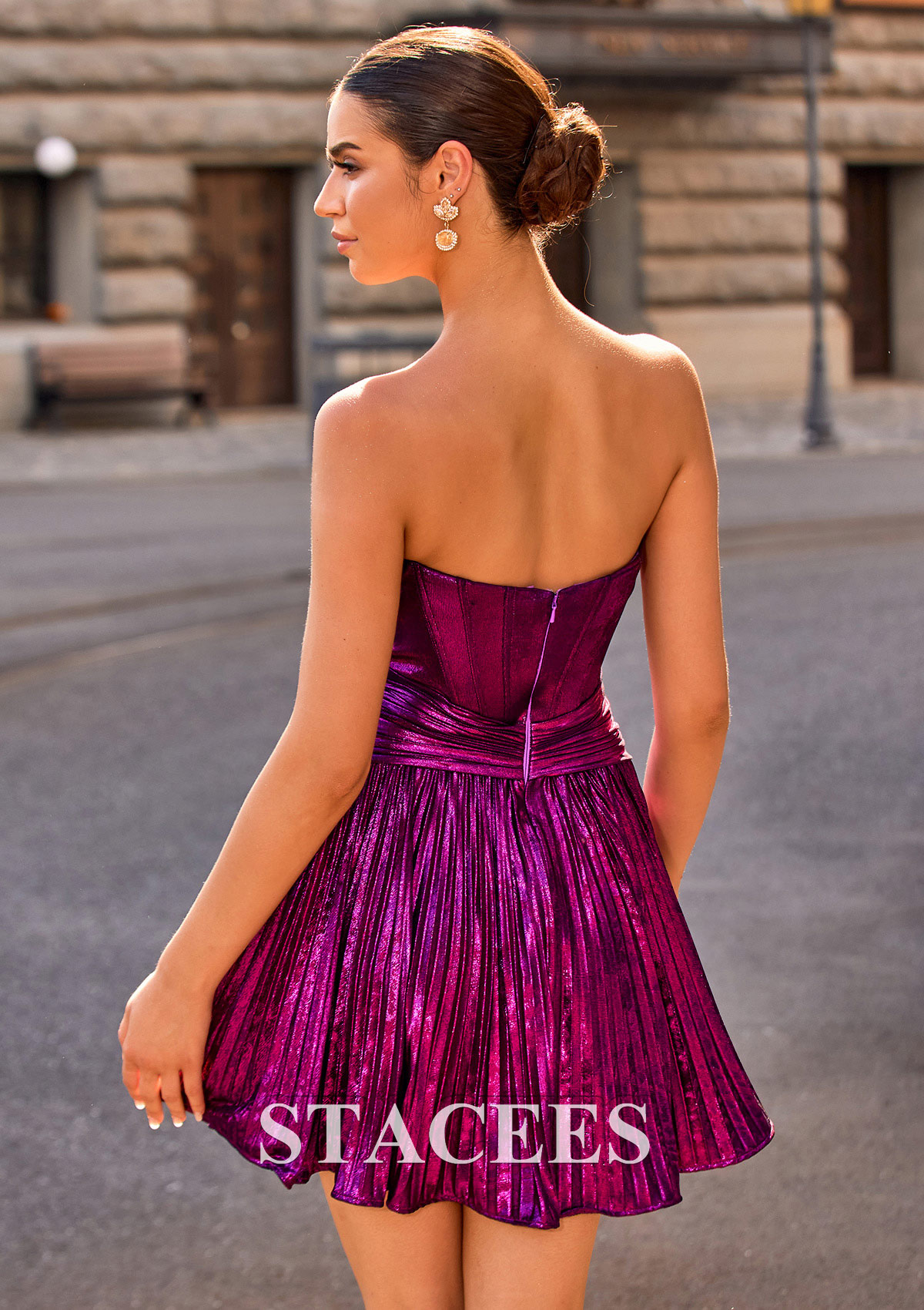 Fucsia Vestido línea a cuello cuadrado metálico corto/mini vestido para homecoming - STACEES