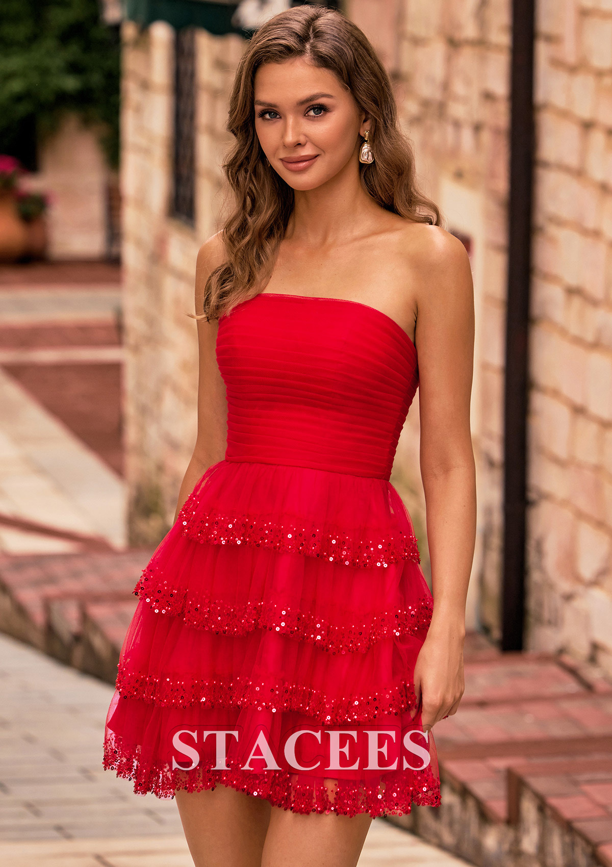 Red Ruched A-line Strapless Tiered Ruffle Tulle Homecoming Dress with Sequins Beads - STACEES