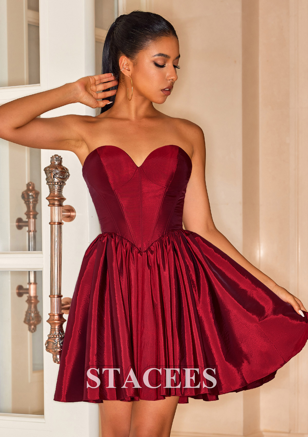 Burgundy A-line Strapless Taffeta Corset Homecoming Dress - STACEES