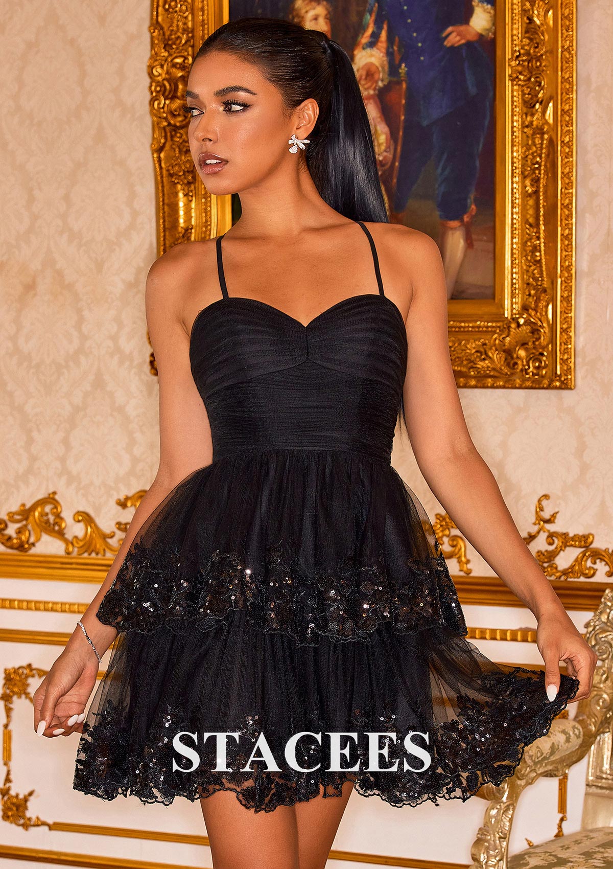 Noir Robe trapèze cache coeur tulle courte/mini robe de fête de la rentrée  - STACEES