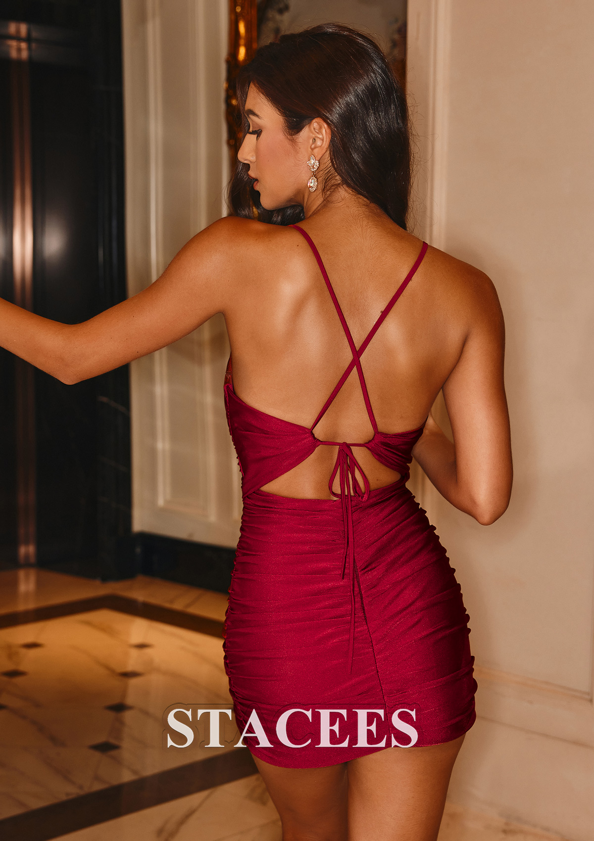 Burgundy Sheath/Column V Neck Short/Mini Jersey Homecoming Dress with Pleated - STACEES