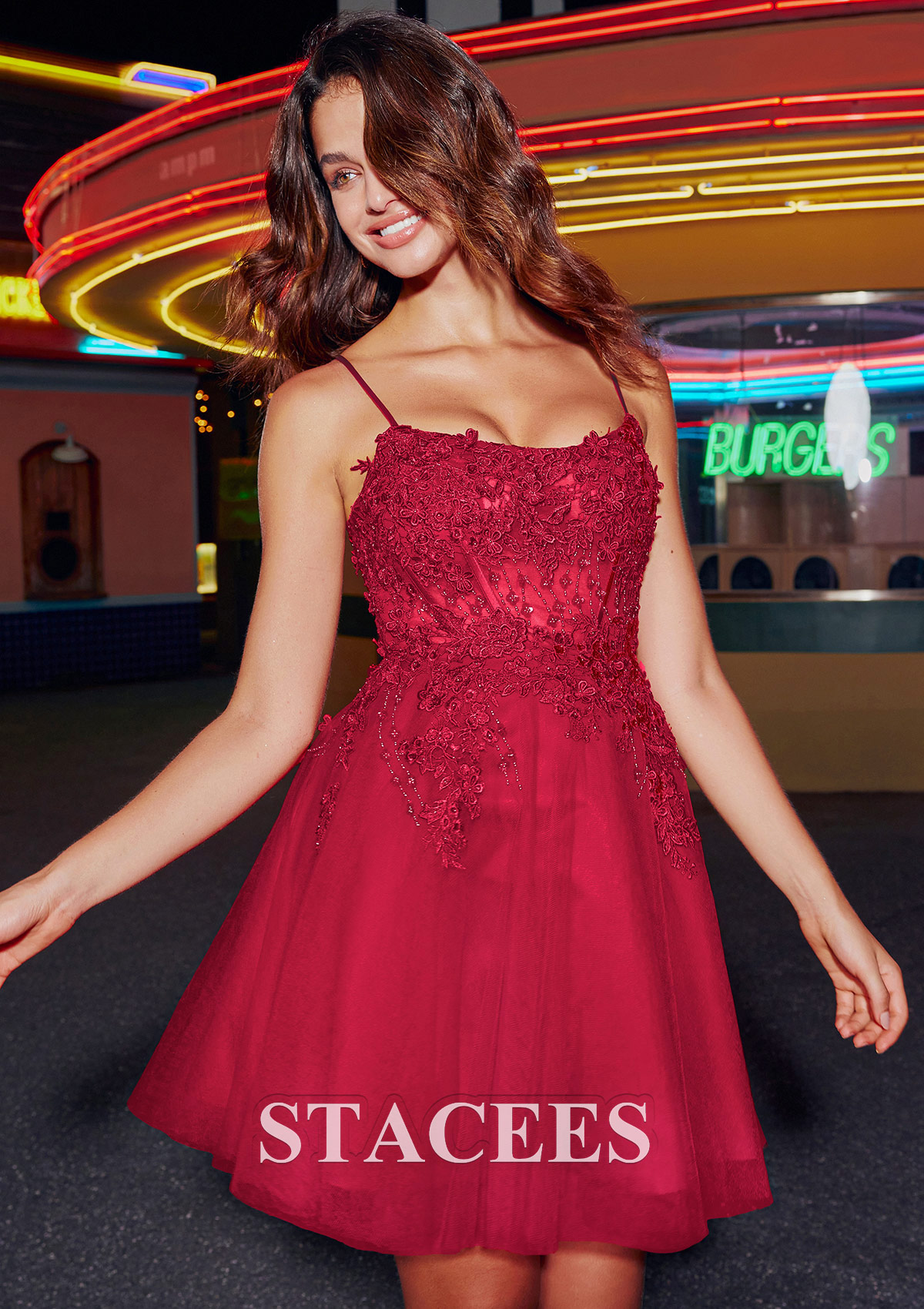 Burgundy A-line Sexy Bateau Short/Mini Tulle Homecoming Dress with Appliqued Beading - STACEES