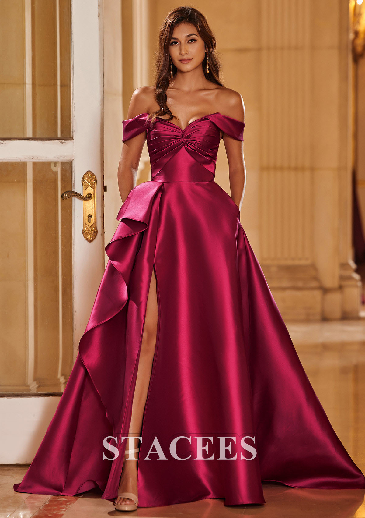 Burgundy A-line Off the Shoulder Mikado Ruffled Slit Prom Dress with Pleated Pockets - STACEES