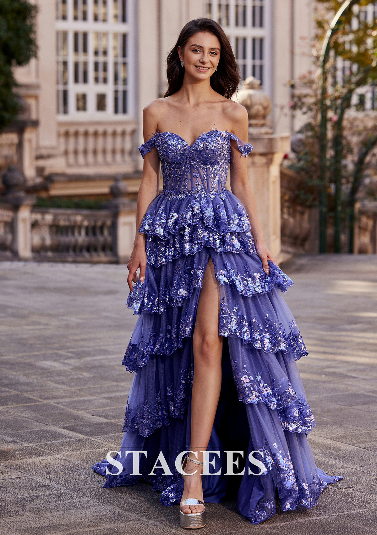 Lavender A-line Off-the-Shoulder Sweep Train Tulle Prom Dress with Ruffles Sequins Split - STACEES