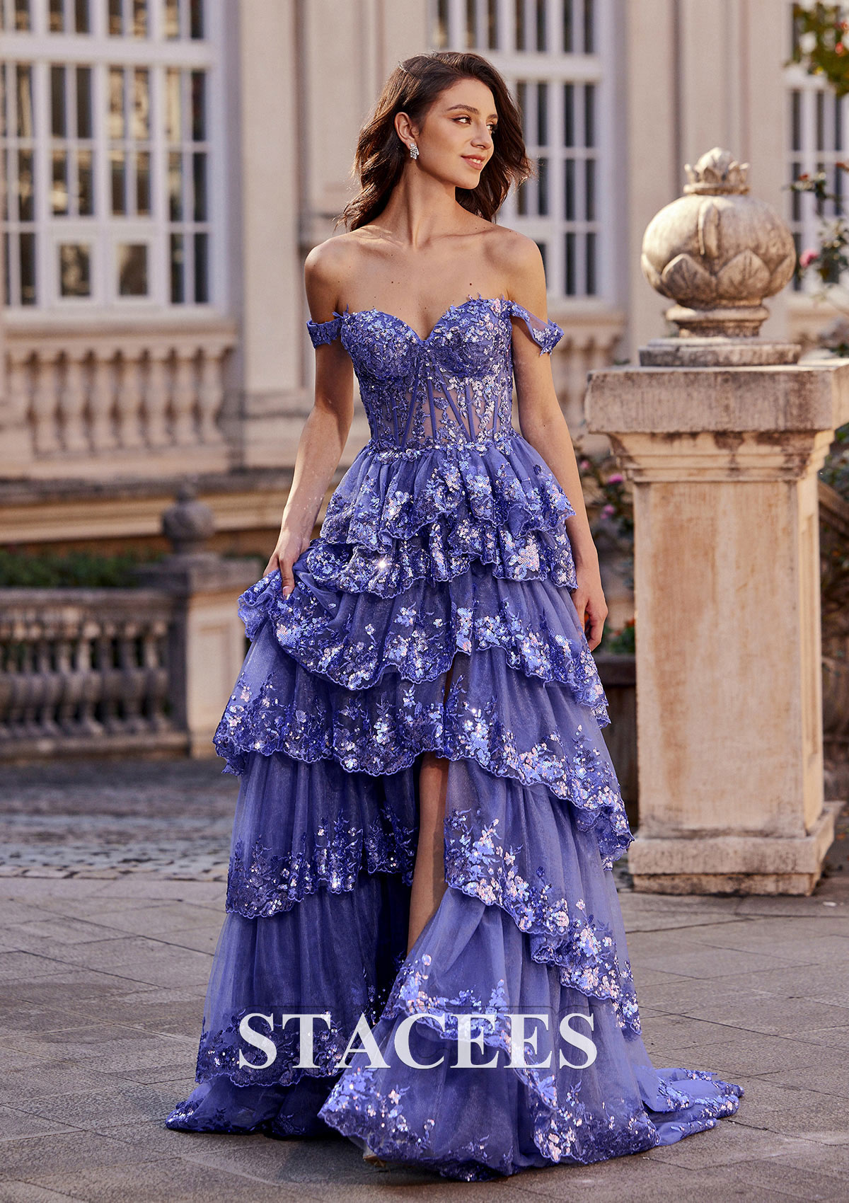 Lavender A-line Off-the-Shoulder Sweep Train Tulle Prom Dress with Ruffles Sequins Split - STACEES