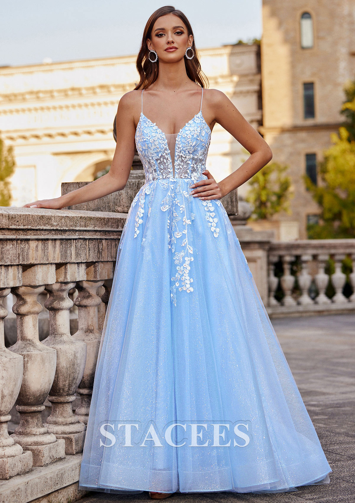 Sky Blue A-line Princess V Neck Tulle Prom Dress with Appliqued Beading Glitter - STACEES