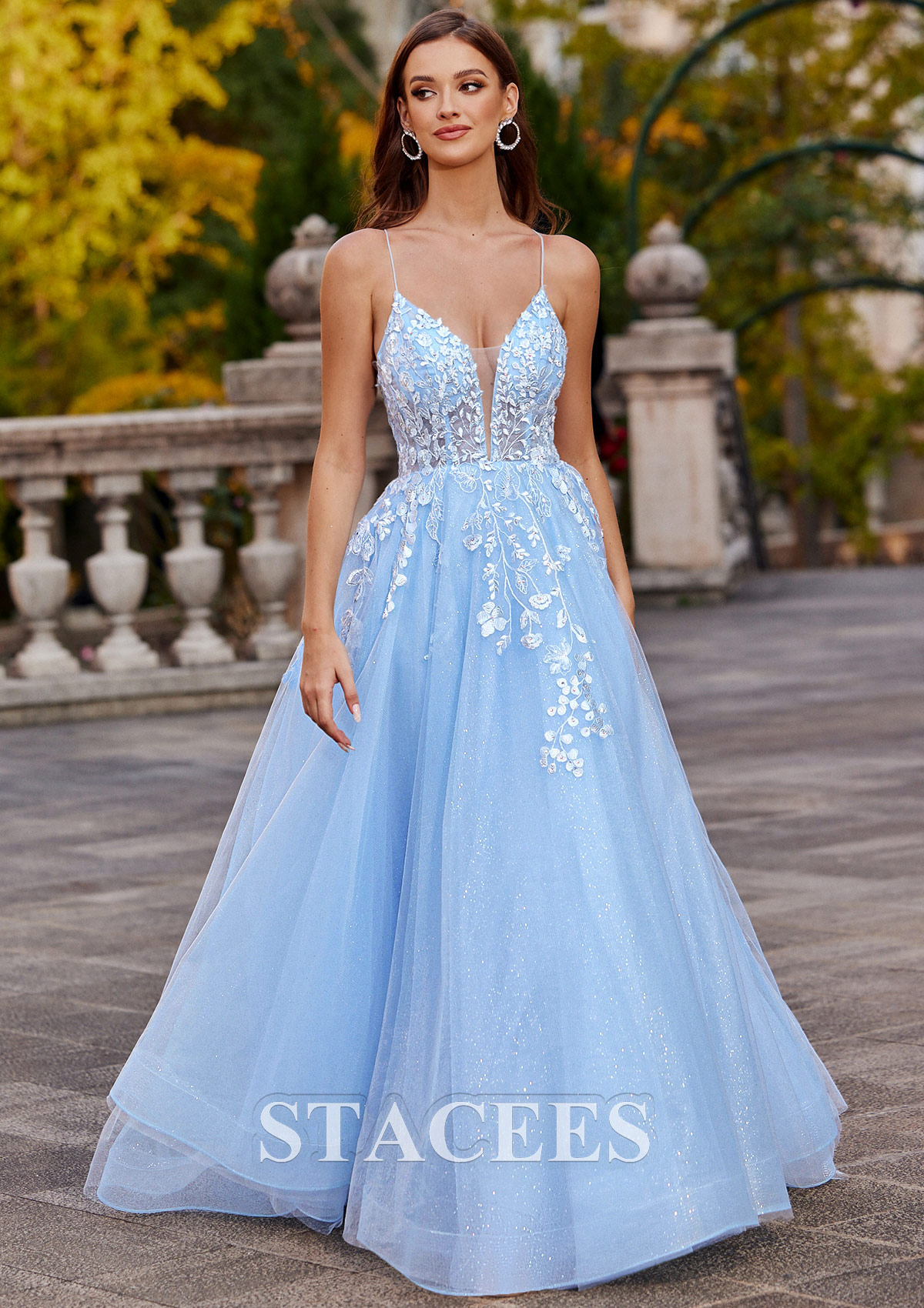 Sky Blue A-line Princess V Neck Tulle Prom Dress with Appliqued Beading Glitter - STACEES