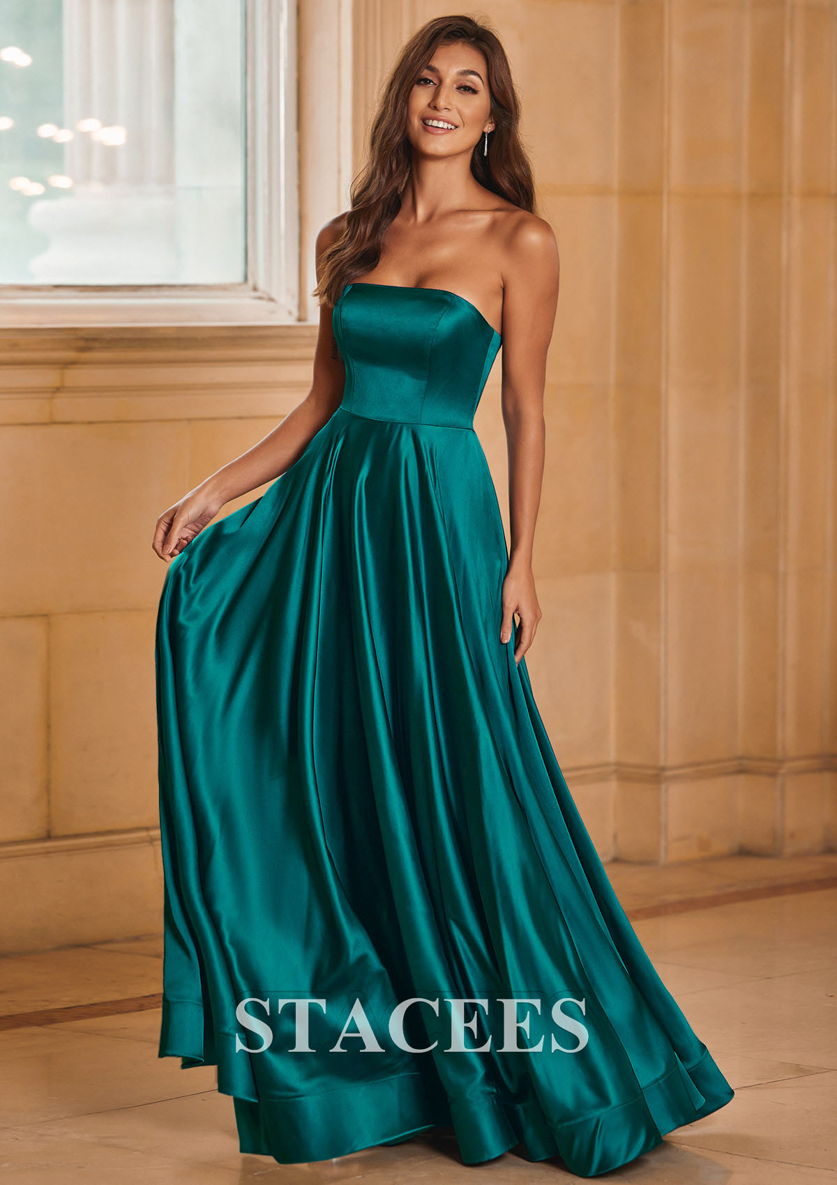 Teal A-line Strapless Satin Floor-Length Prom Dress with Pockets - STACEES