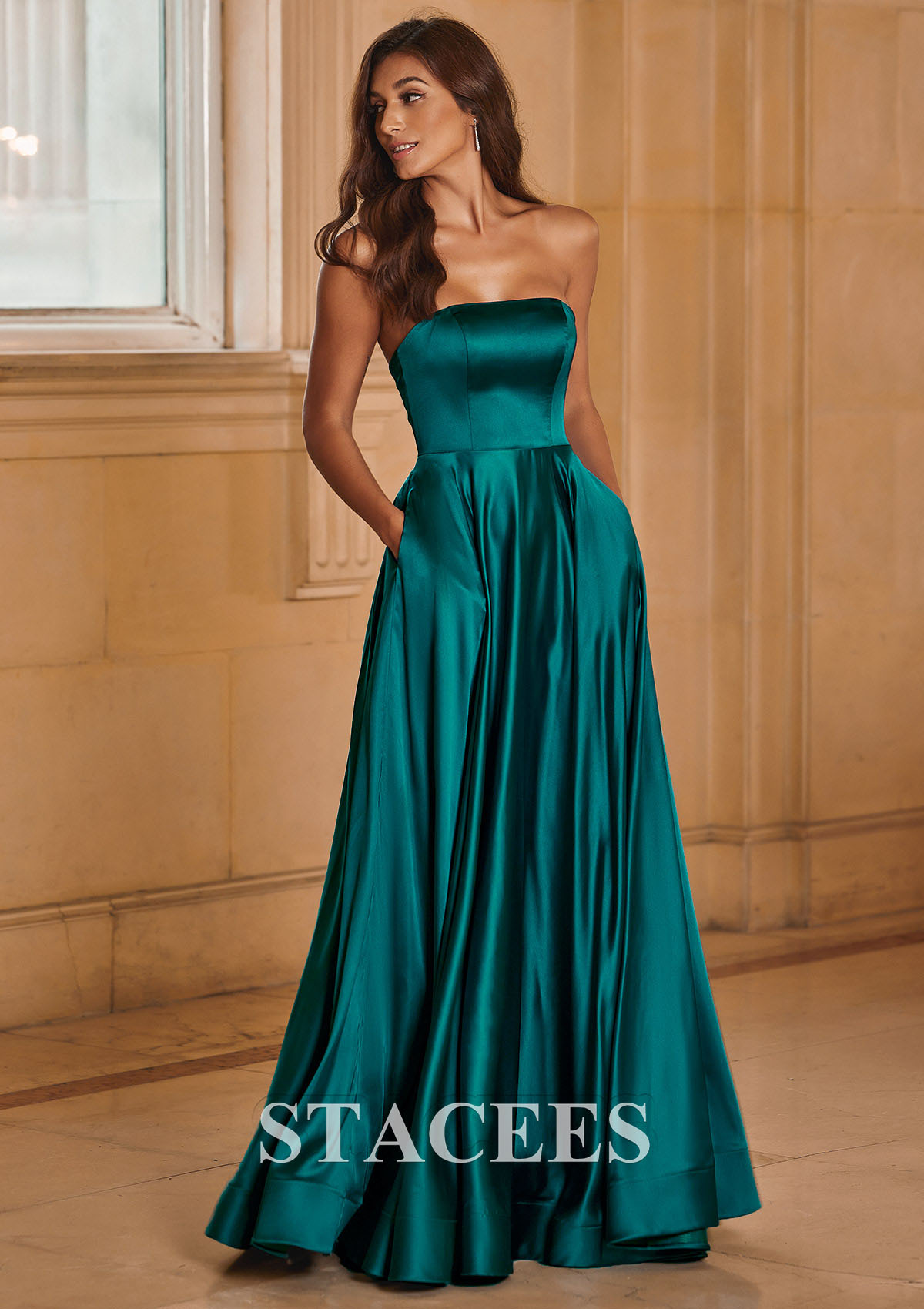 Teal A-line Strapless Satin Floor-Length Prom Dress with Pockets - STACEES