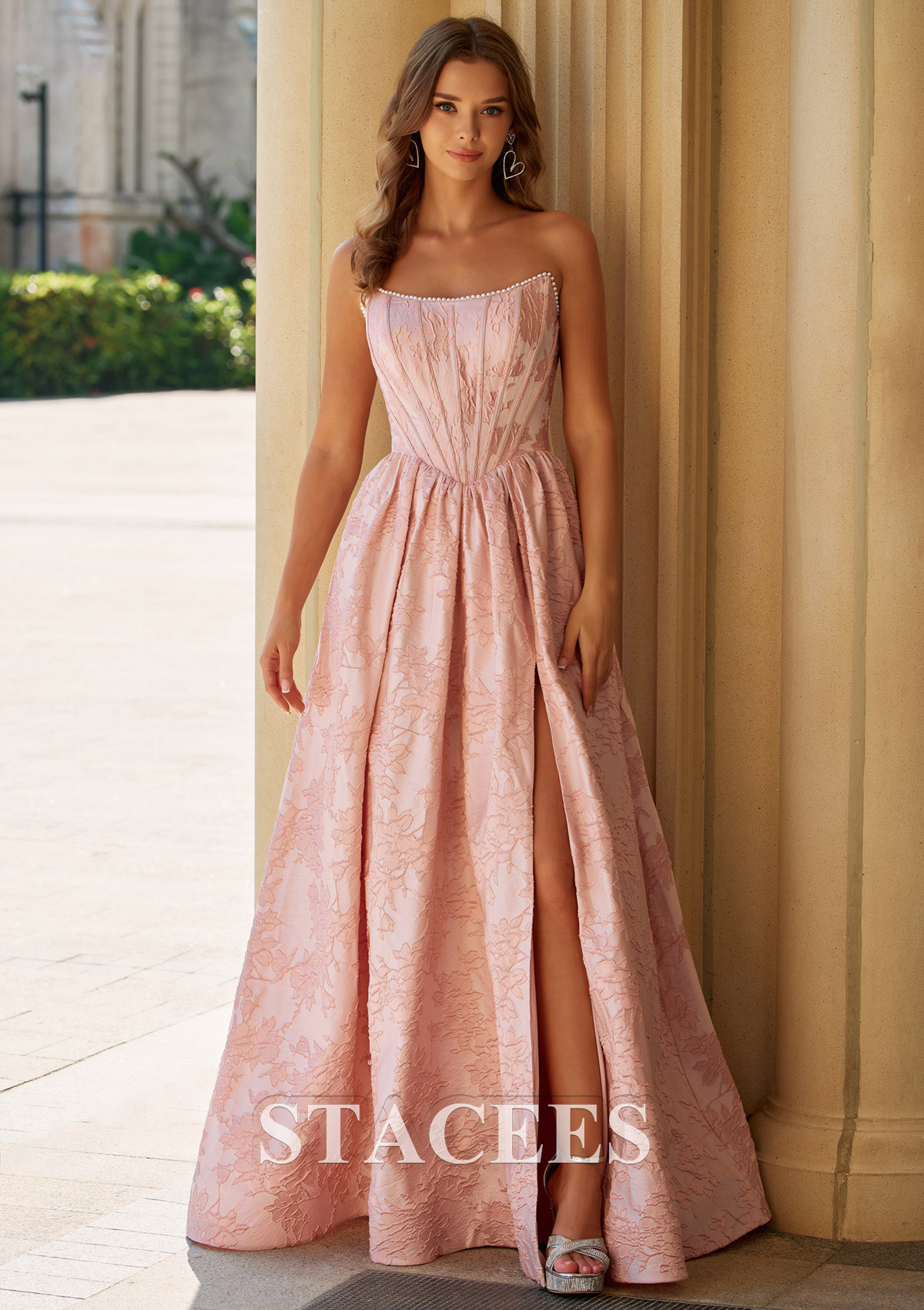 Blushing Pink A-line Strapless Corset Floral Jacquard Prom Dress with High Slit Pockets - STACEES