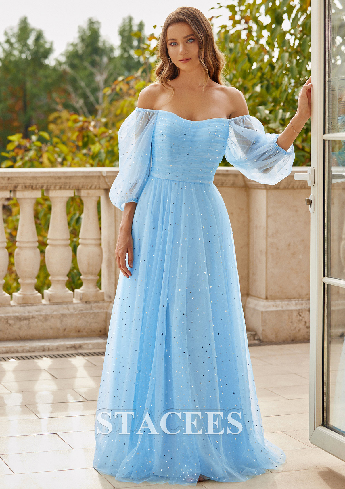 Bleu Ciel Robe trapèze carrée tulle ras du sol robe de bal - STACEES