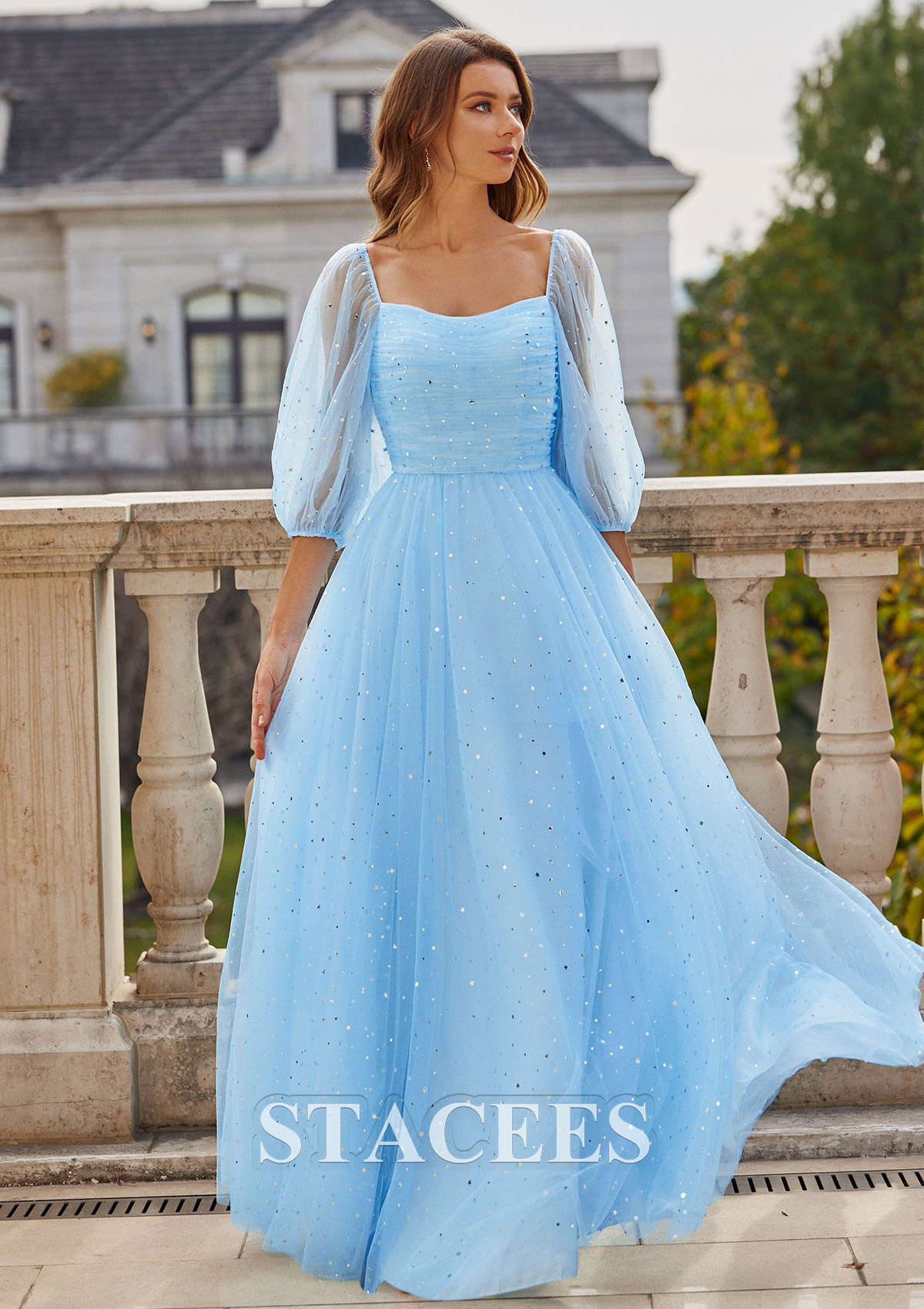 Bleu Ciel Robe trapèze carrée tulle ras du sol robe de bal - STACEES