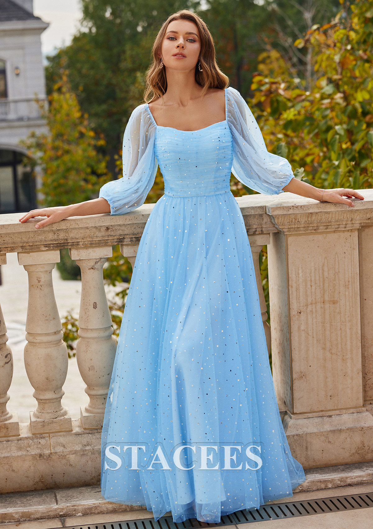 Bleu Ciel Robe trapèze carrée tulle ras du sol robe de bal - STACEES