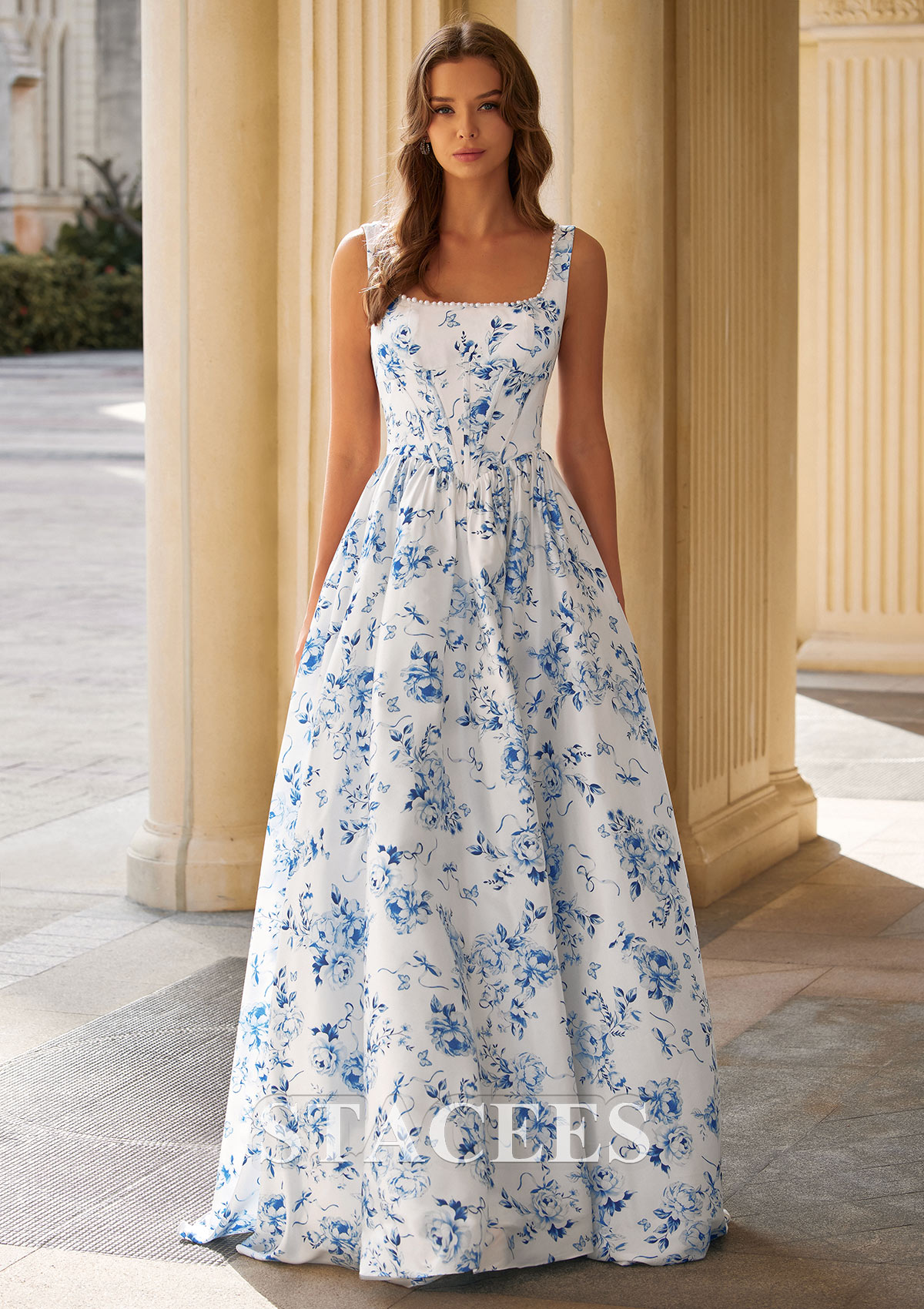 Floral bleu océan Trapèze carrée mousseline traîne balayage robe de bal avec perle plissé fendue - STACEES