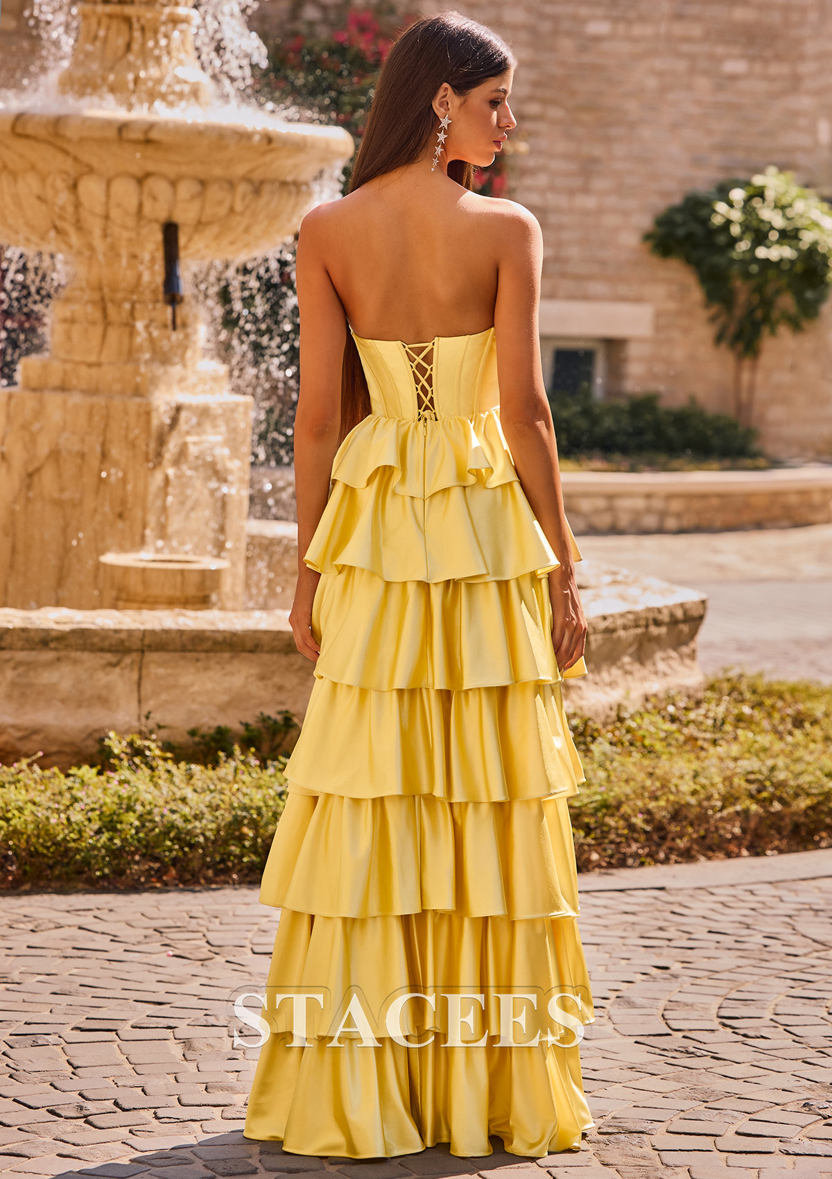 Daffodil A-line Square Neckline Strapless Corset Ruffle Slit Long Prom Dress with Beads - STACEES