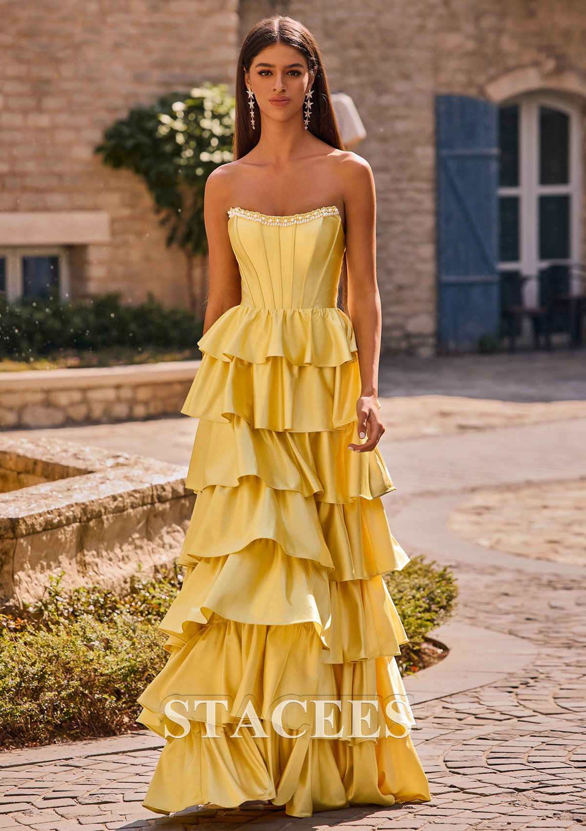 Daffodil A-line Square Neckline Strapless Corset Ruffle Slit Long Prom Dress with Beads - STACEES
