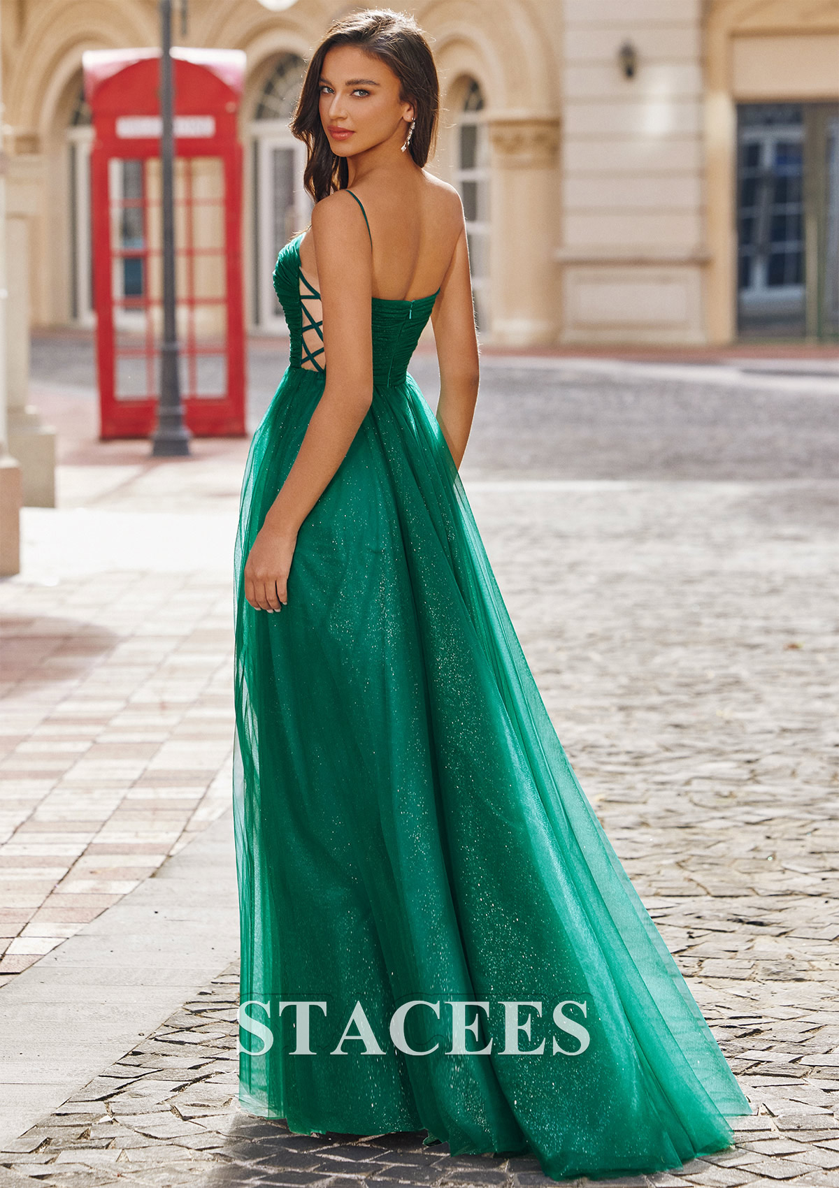 Dark Green A-line Square Neckline Sleeveless Sweep Train Tulle Prom Dress with Pleated Glitter - STACEES