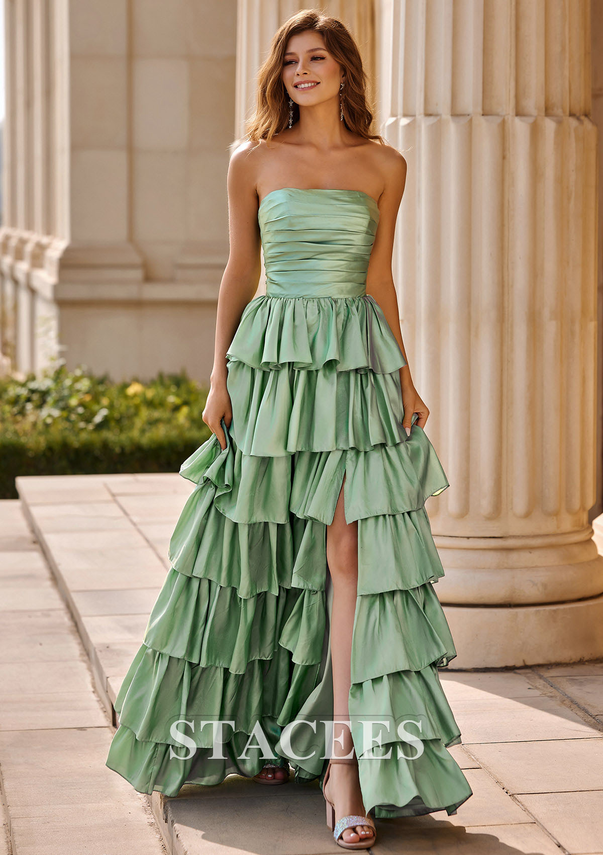 Sage A-line Square Neckline Strapless Floor-Length Taffeta Prom Dress with Ruffles Slit - STACEES