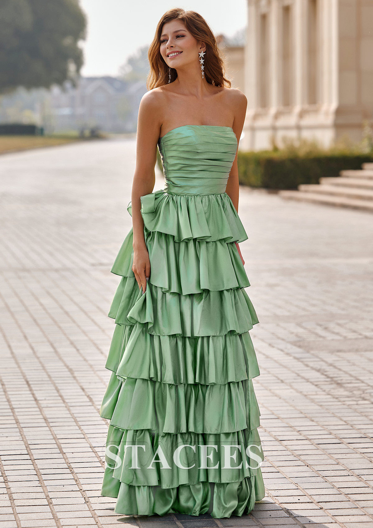 Sage A-line Square Neckline Strapless Floor-Length Taffeta Prom Dress with Ruffles Slit - STACEES