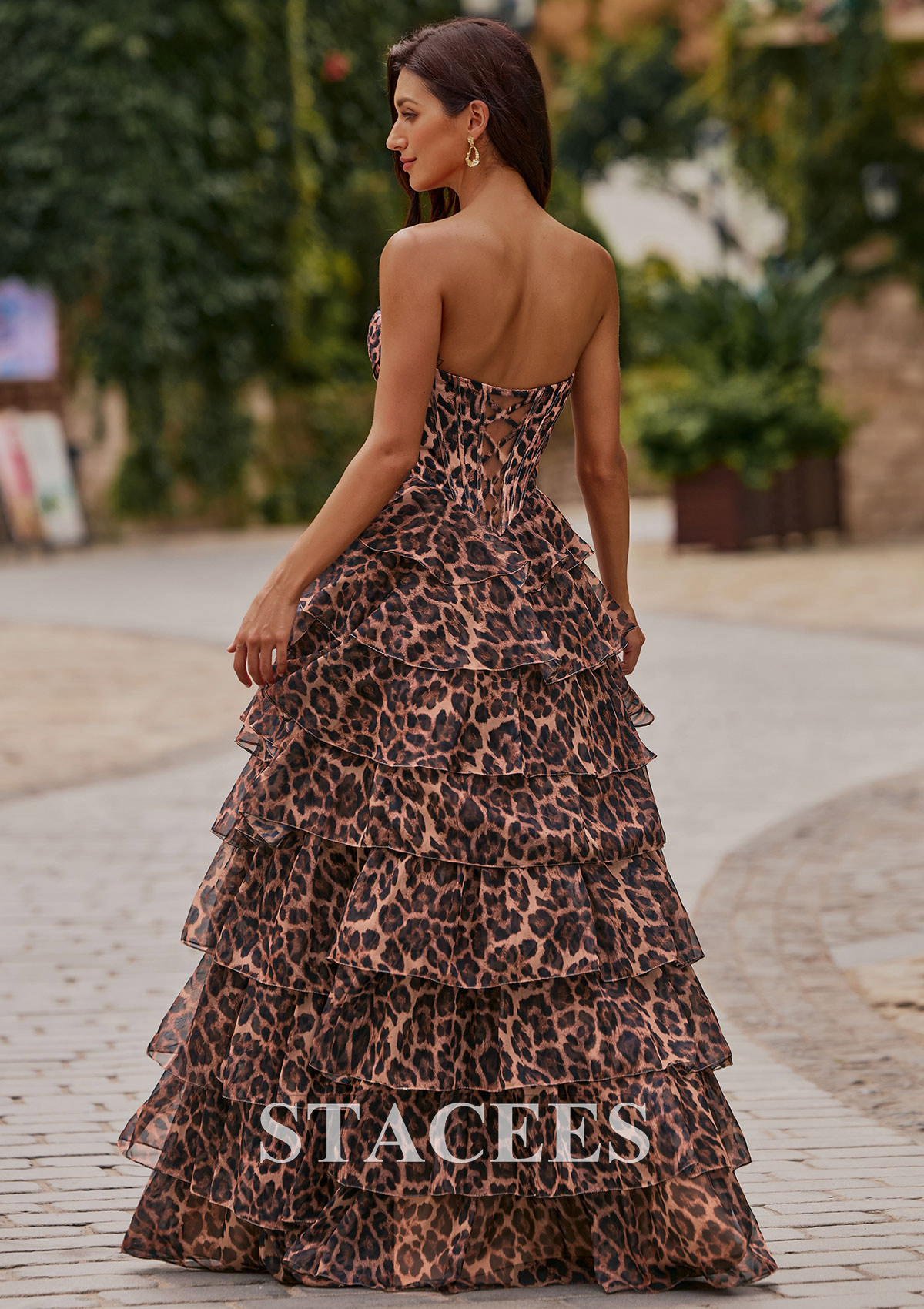 Cheetah Print Vestido línea a cuello de corazón gasa hasta el suelo vestido de graduación - STACEES