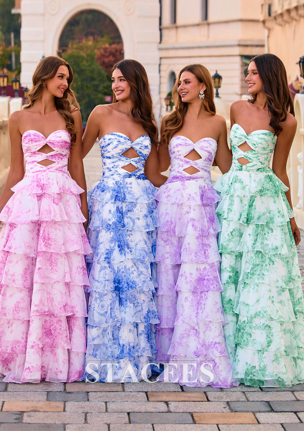 Floral bleu océan Trapèze cache coeur mousseline longueur ras du sol robe de bal avec volants imprimé floral - STACEES