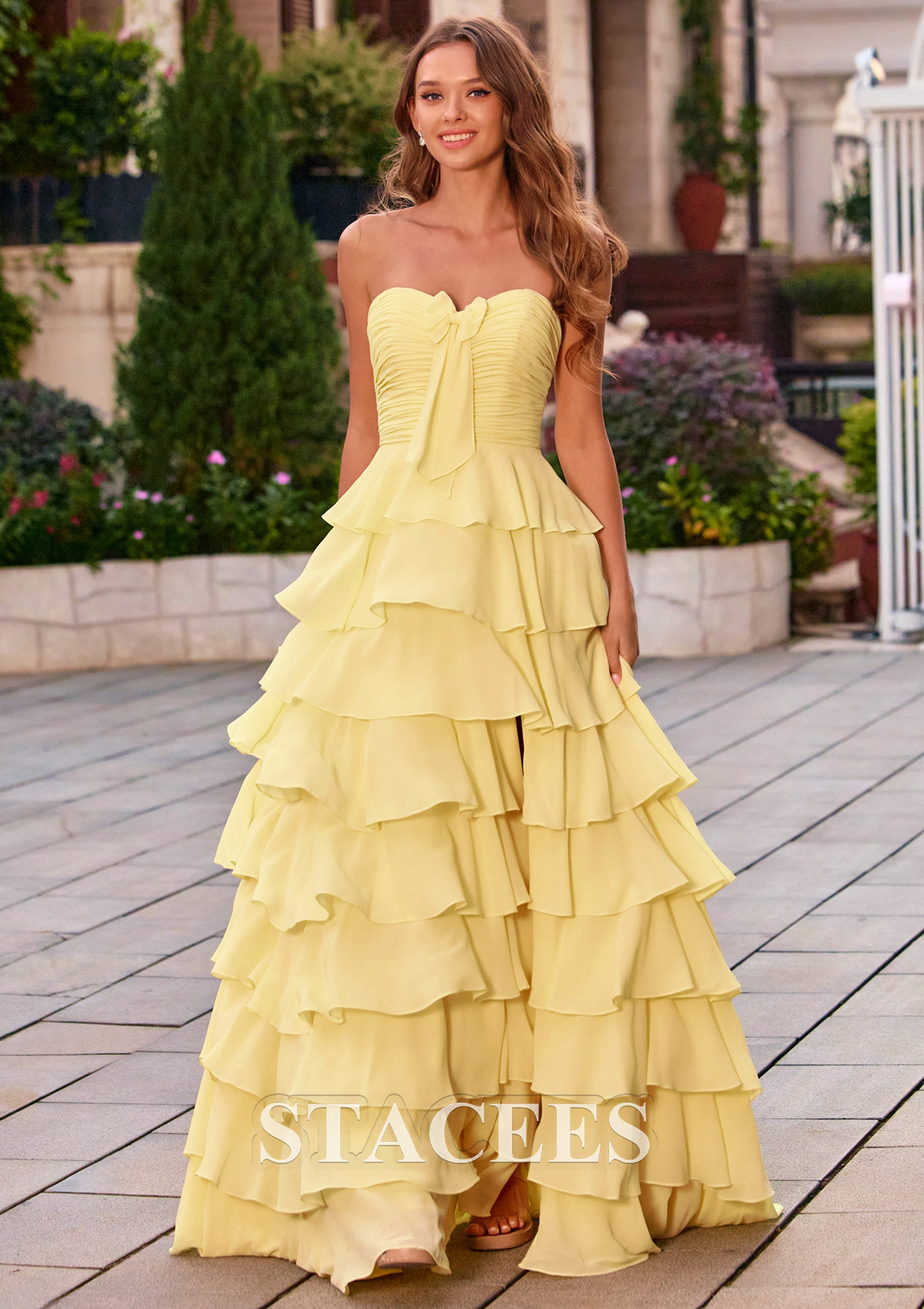Daffodil Strapless A-line Sweetheart Tiered Ruffle Ruched Chiffon Prom Dress with Slit - STACEES