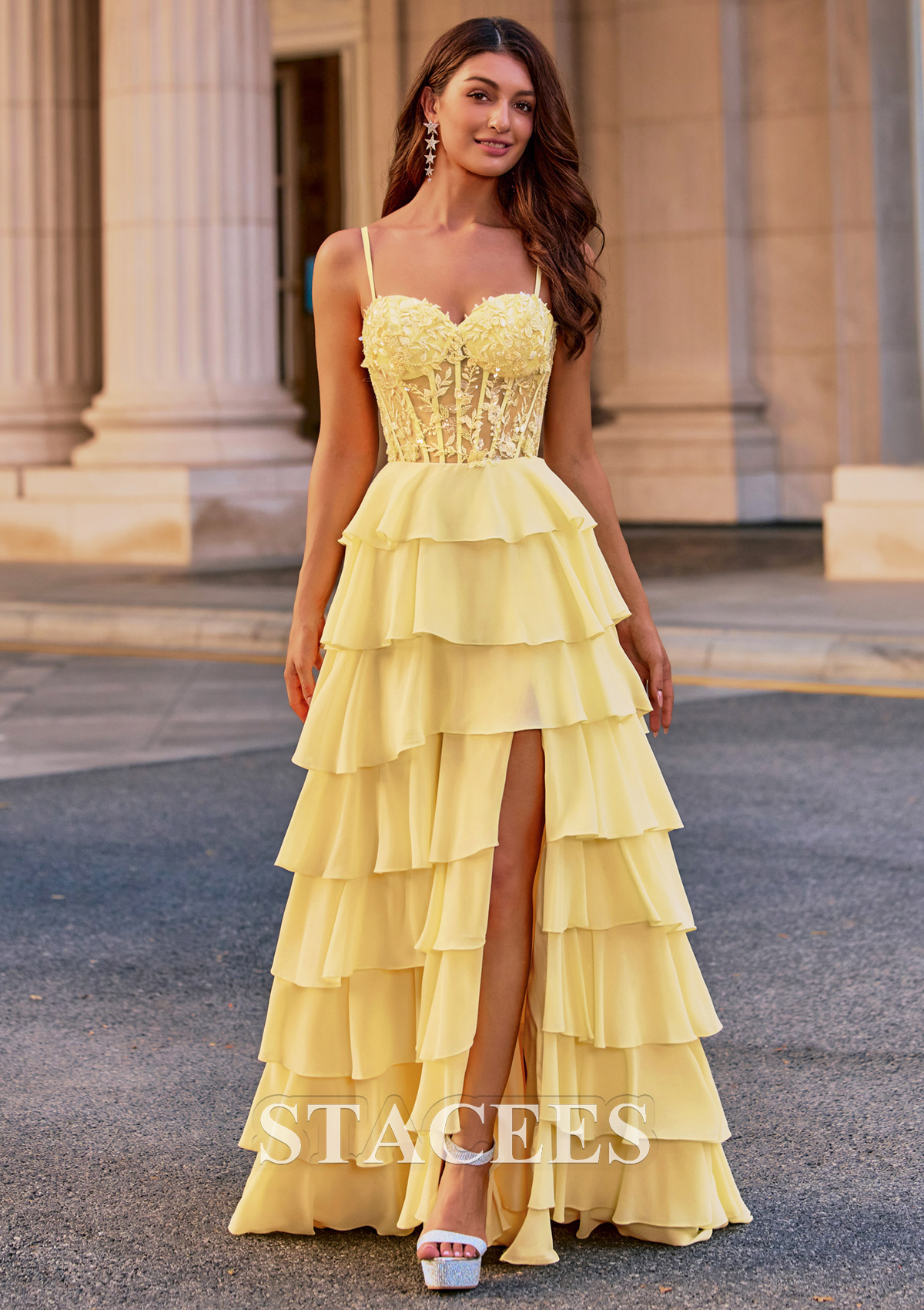 chiffon a-line formal dress Sheer Floral Appliques Corset Tiered Ruffle Slit Prom S8904P - Prom Dresses Step into elegance with neckline: plunged Justin Alexander Wedding Gowns SIZE:XS / 0-2